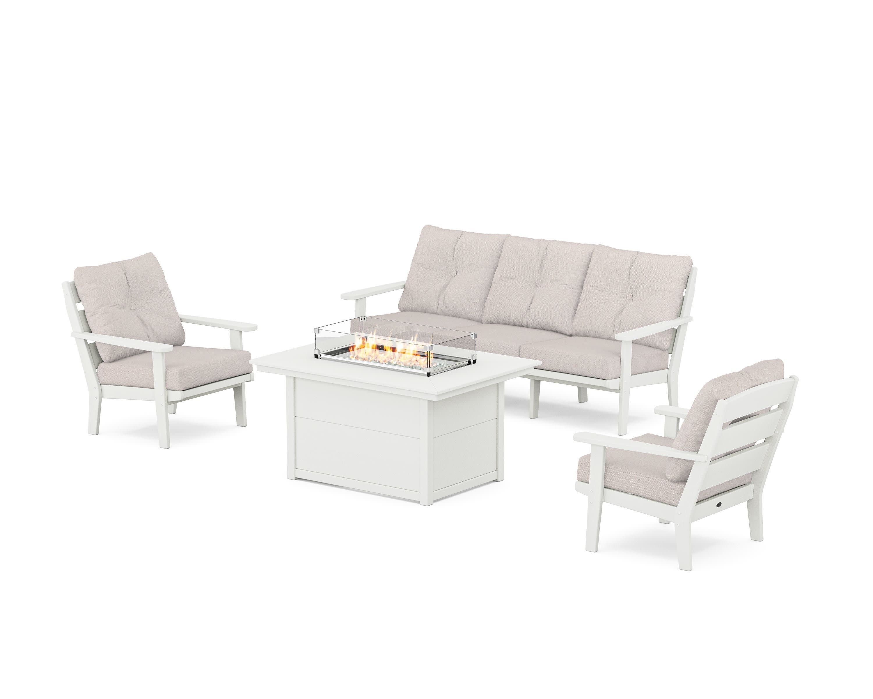 Lakeside Deep Seating Fire Pit Table Set in Vintage White / Dune Burlap