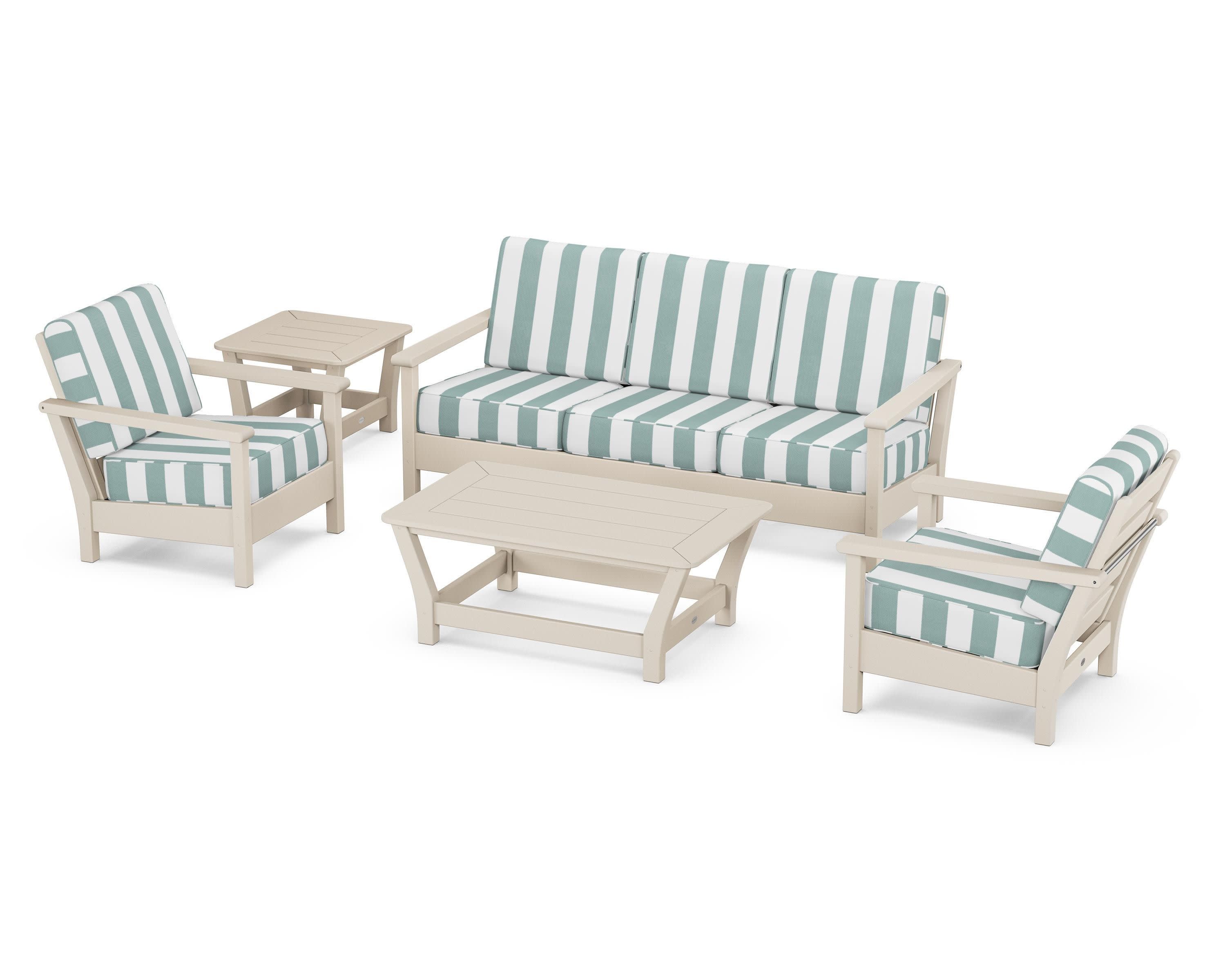 Harbour 5-Piece Deep Seating Set in Sand / Cabana Stripe Glacier Spa