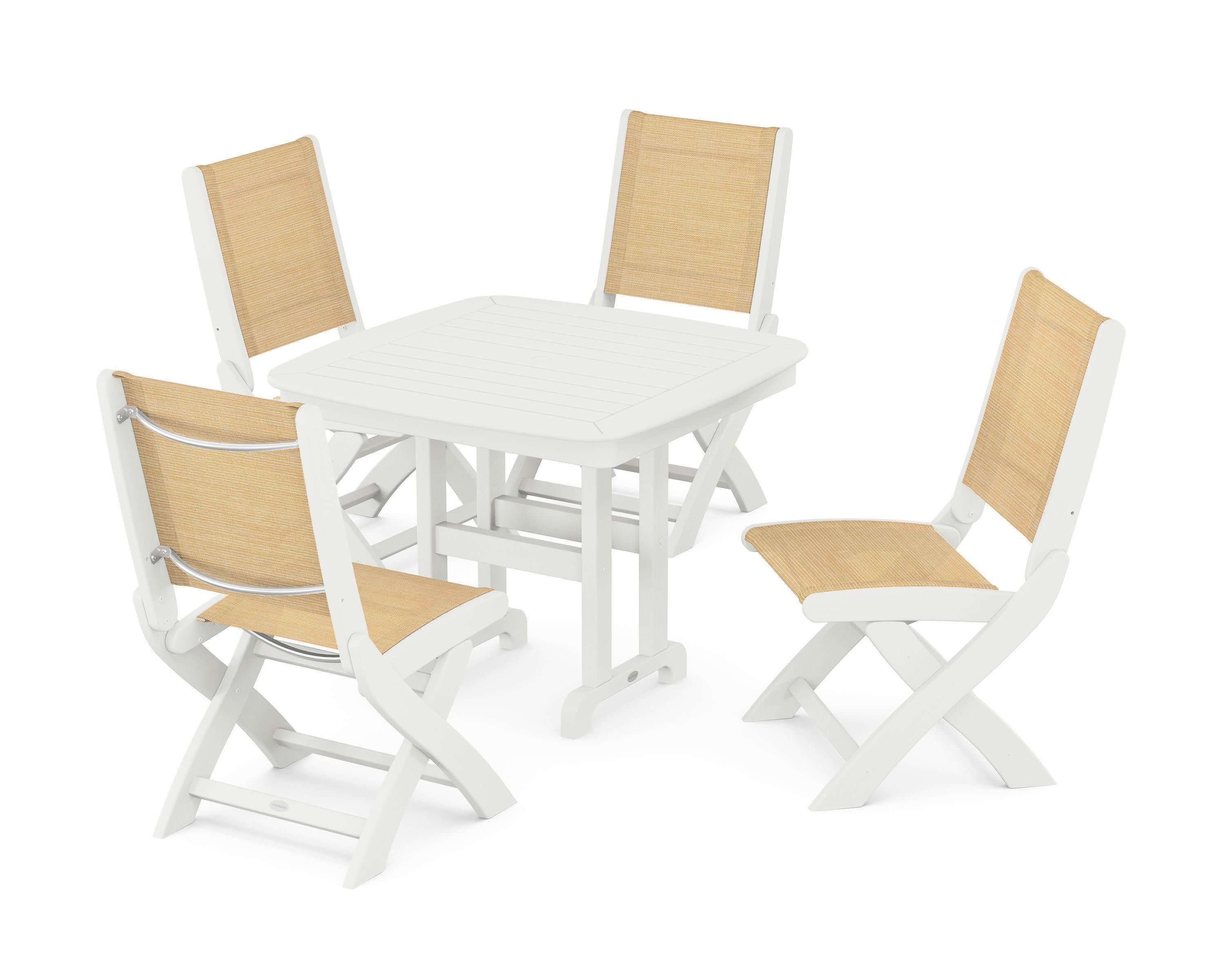 Coastal Folding Side Chair 5-Piece Dining Set in Vintage White / Dupioni Apricot Sling