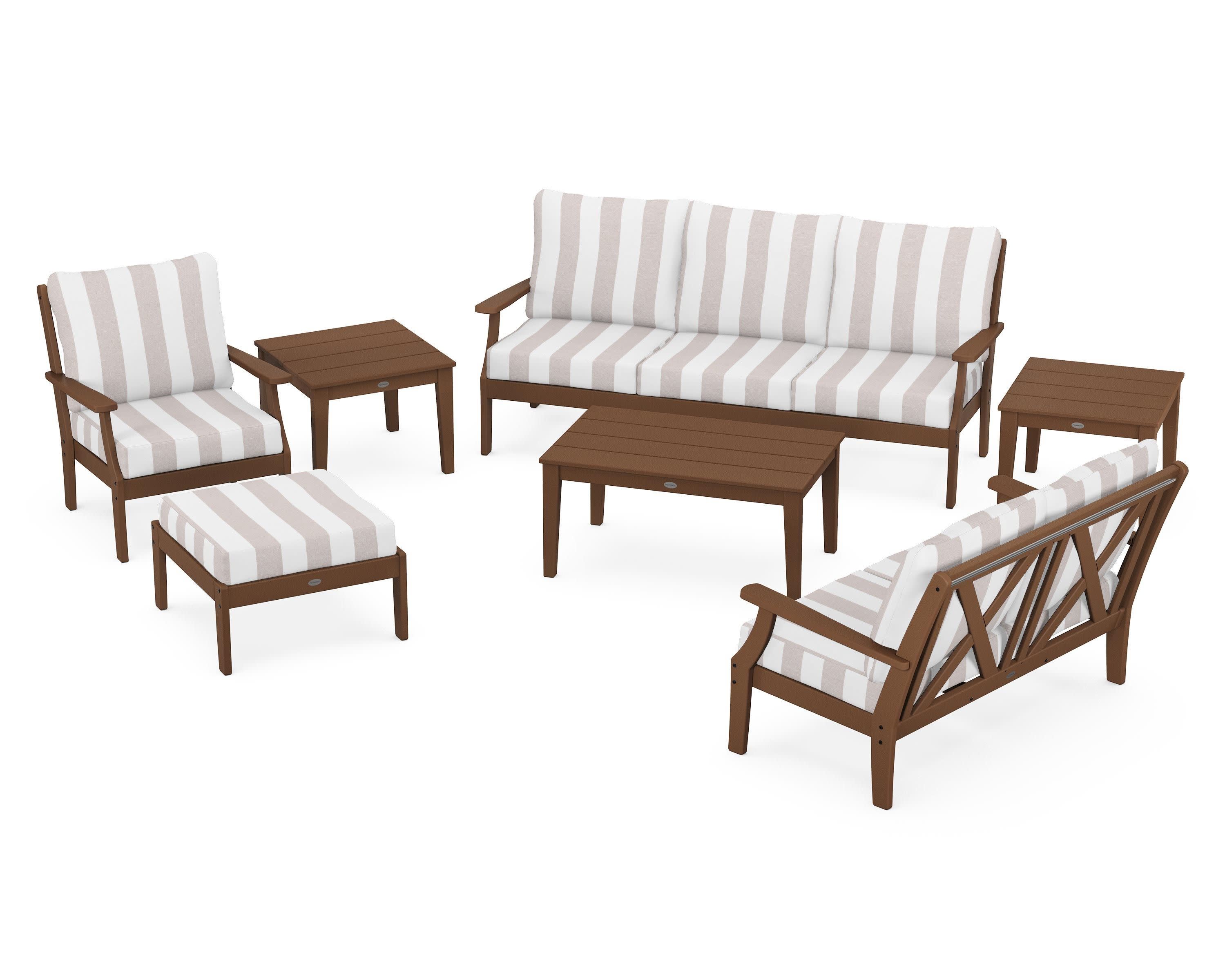 Braxton 7-Piece Deep Seating Set in Teak / Cabana Stripe Dune Burlap