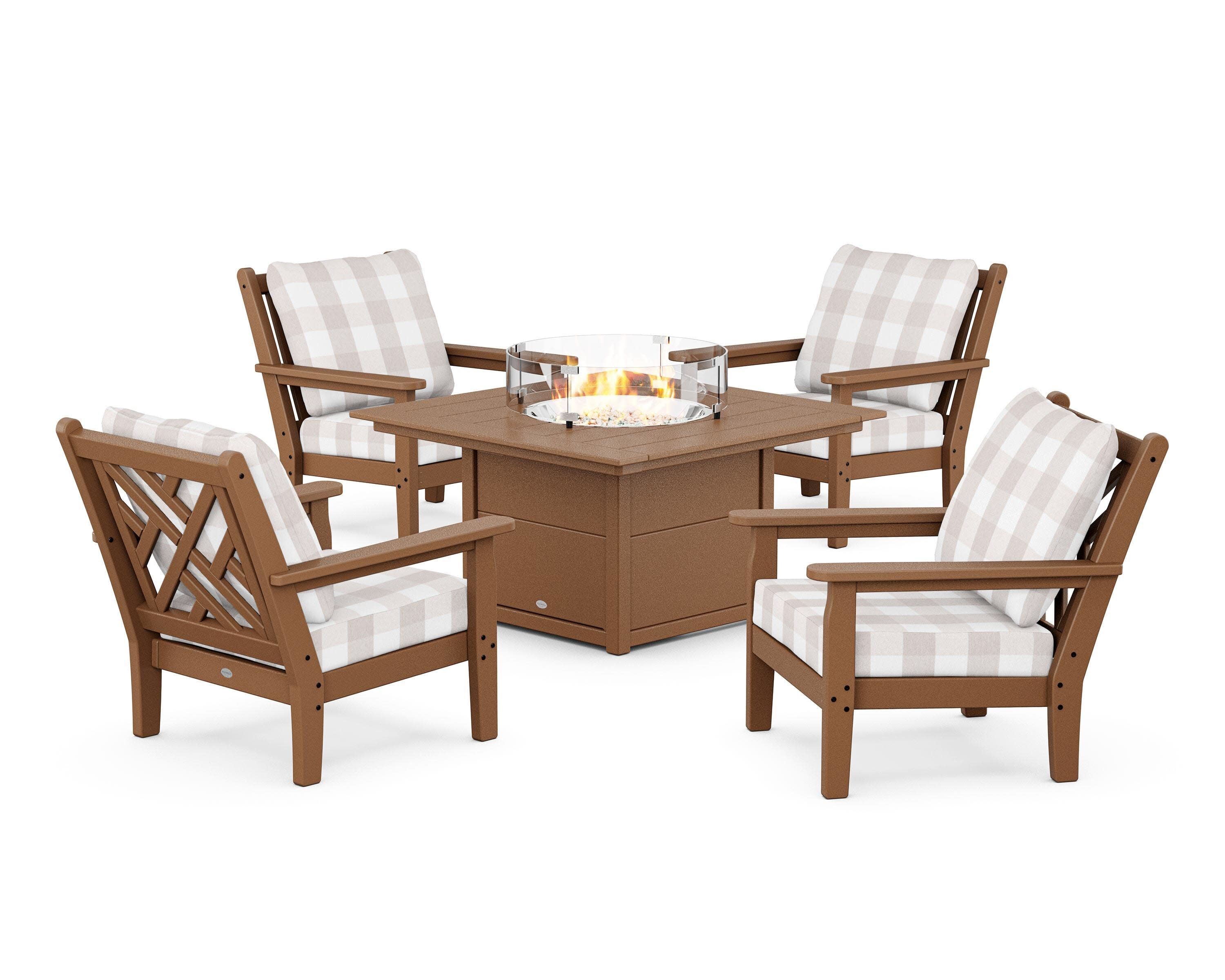 Chippendale 5-Piece Deep Seating Set with Fire Pit Table in Teak / Buffalo Plaid Dune Burlap