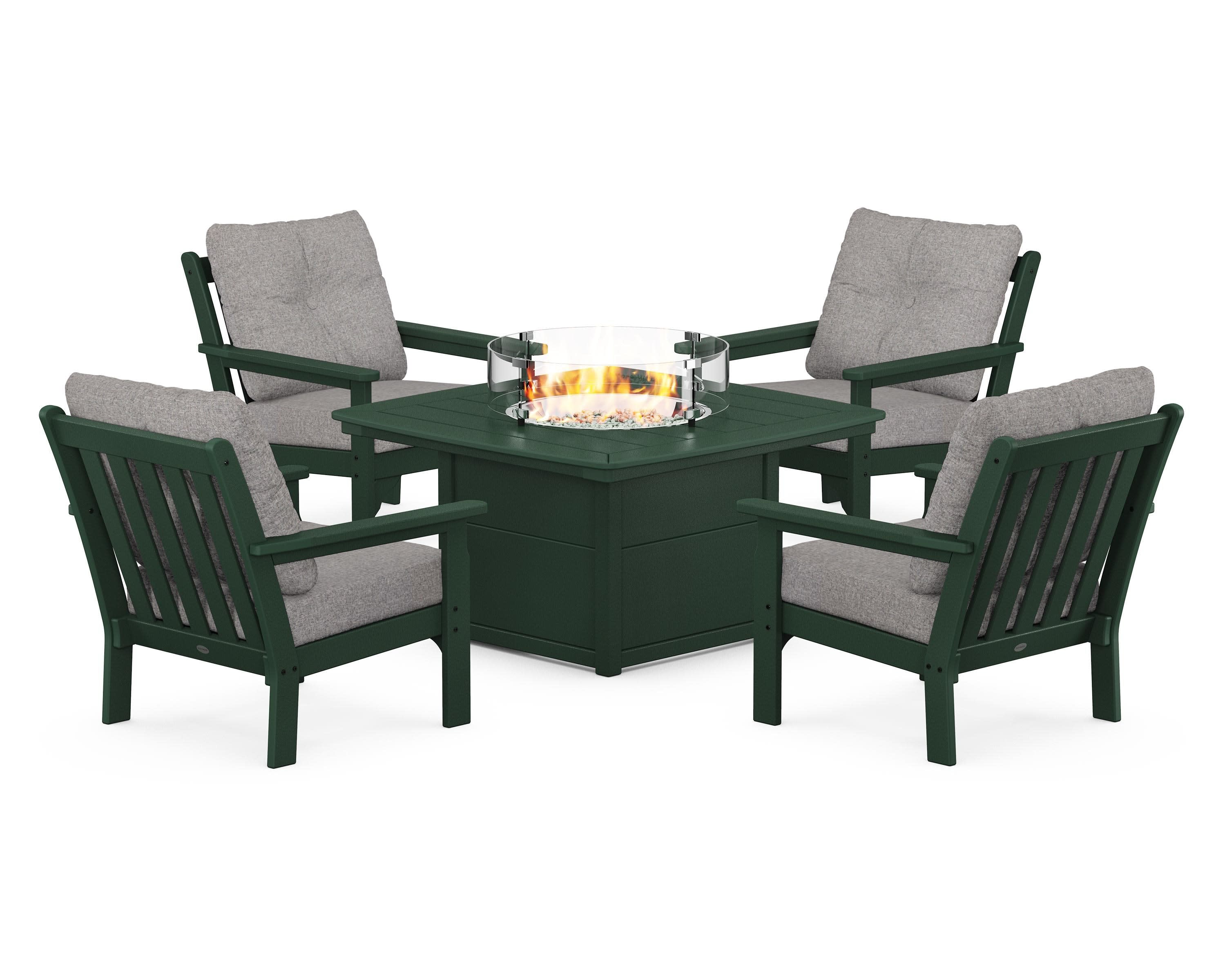 Vineyard 5-Piece Conversation Set with Fire Pit Table in Green / Grey Mist