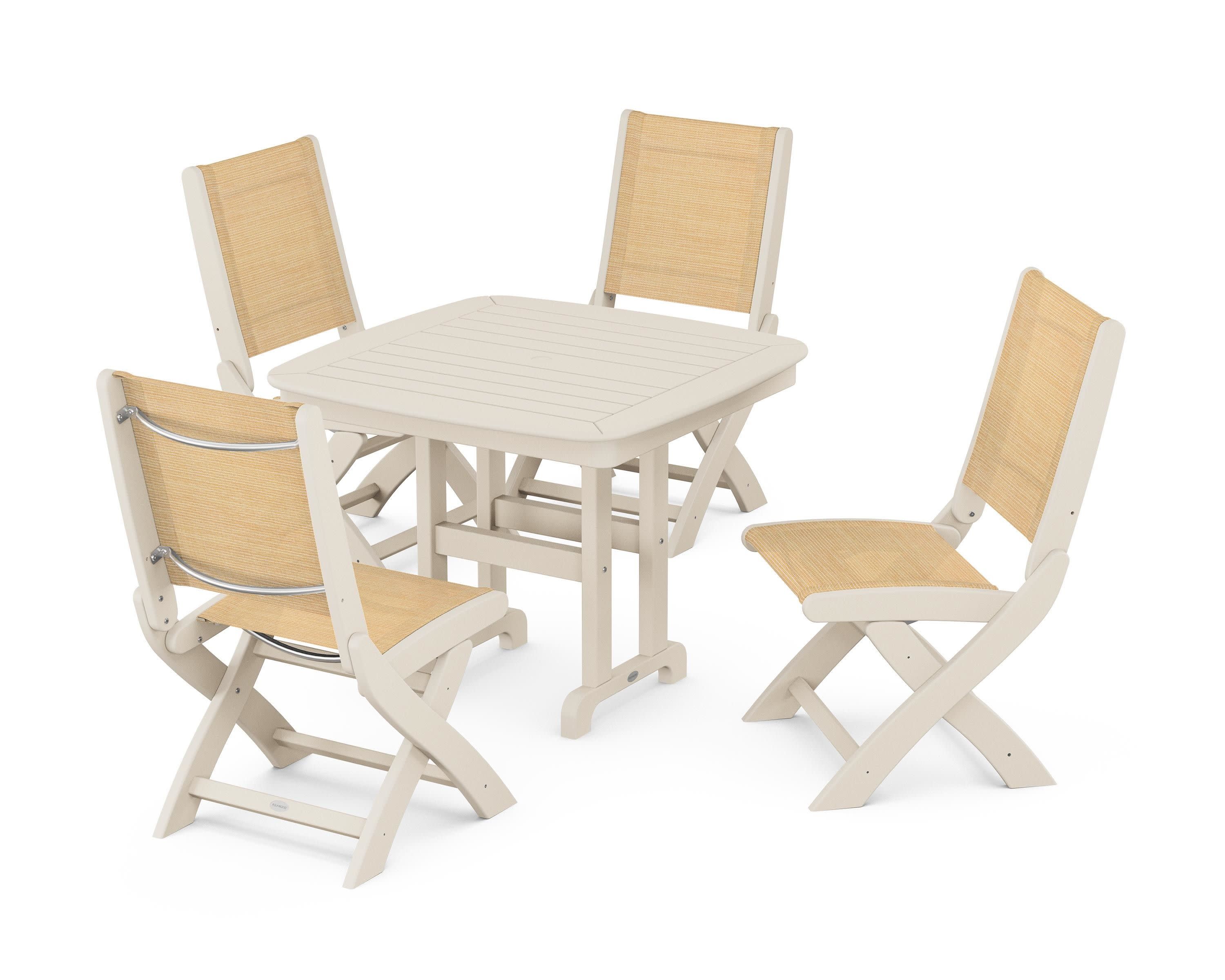 Coastal Folding Side Chair 5-Piece Dining Set in Sand / Dupioni Apricot Sling