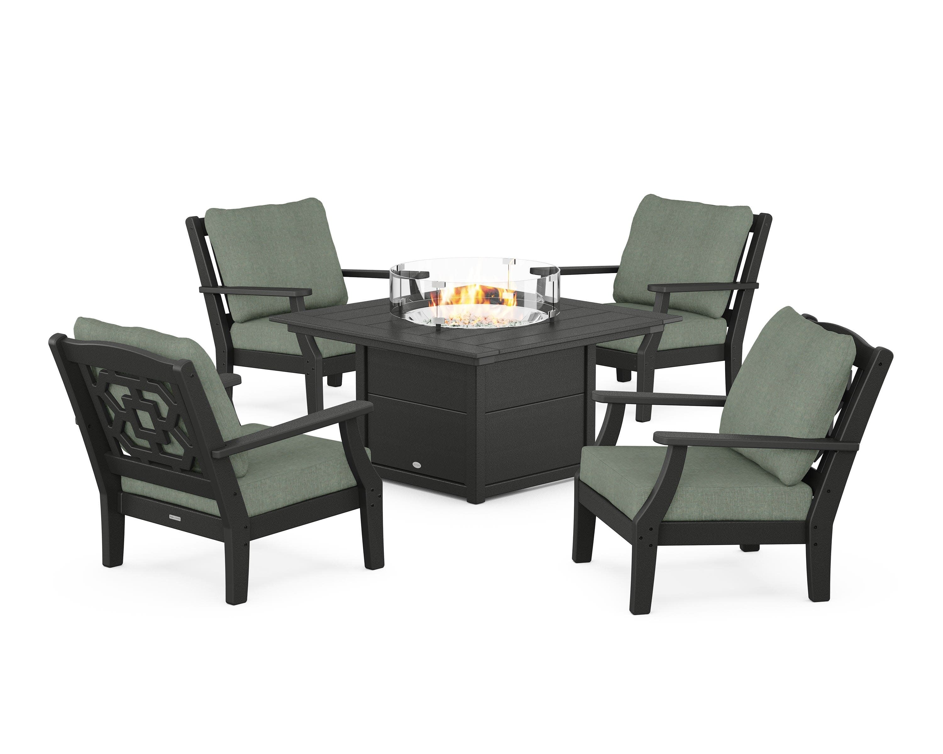 Chinoiserie 5-Piece Deep Seating Set with Fire Pit Table in Black / Cast Sage