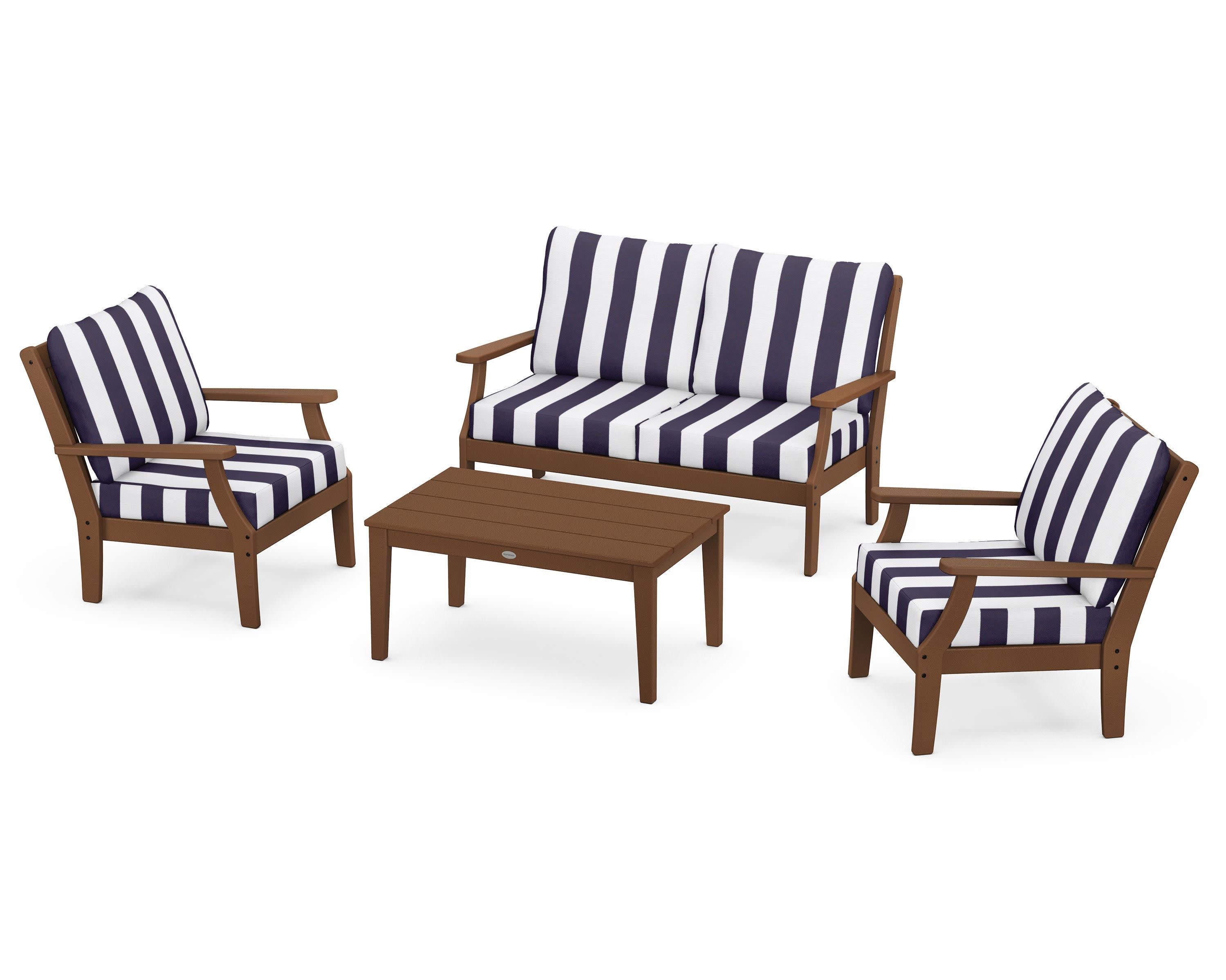 Braxton 4-Piece Deep Seating Chair Set in Teak / Cabana Stripe Navy