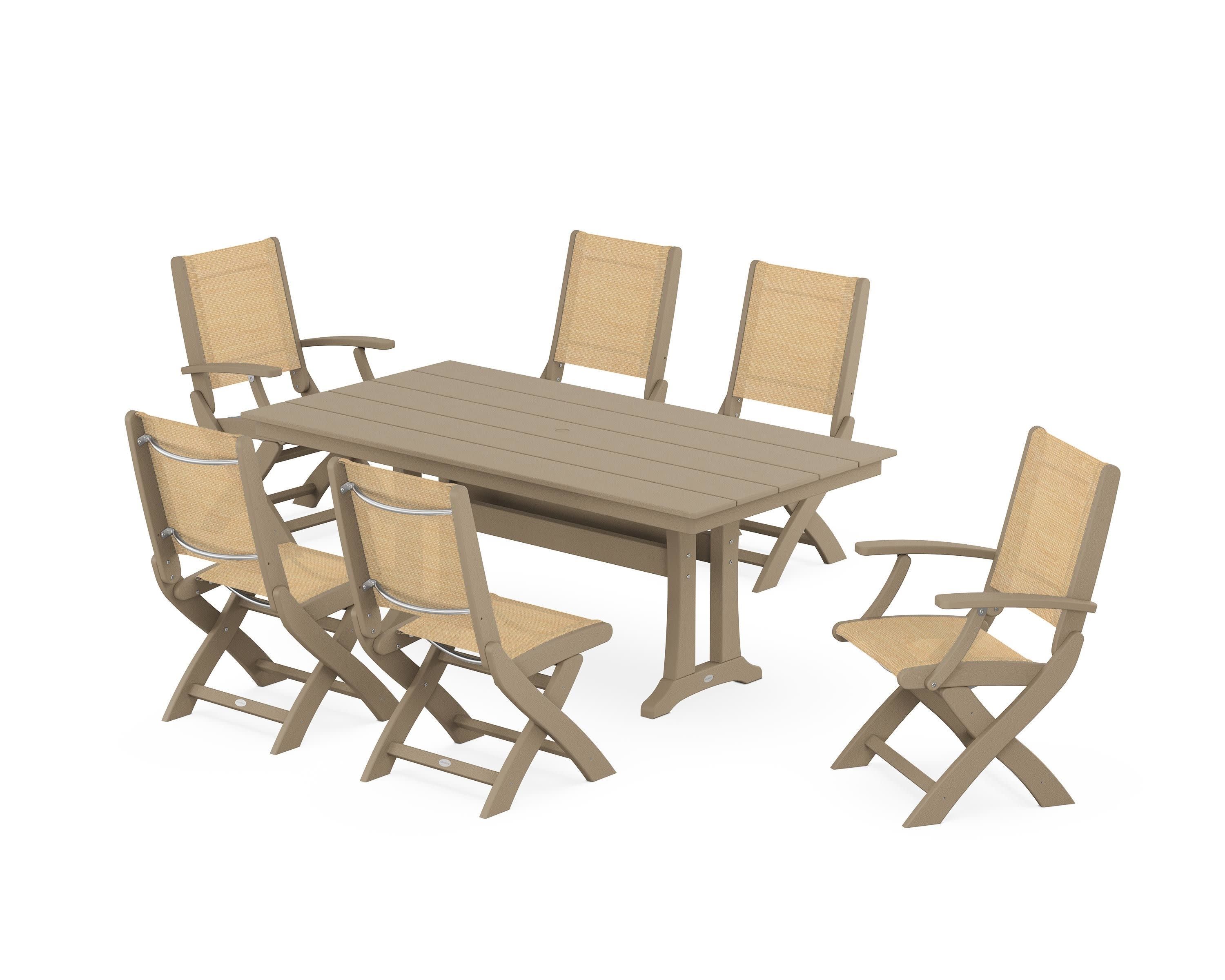 Coastal Folding Chair 7-Piece Farmhouse Dining Set with Trestle Legs in Vintage Sahara / Dupioni Apricot Sling