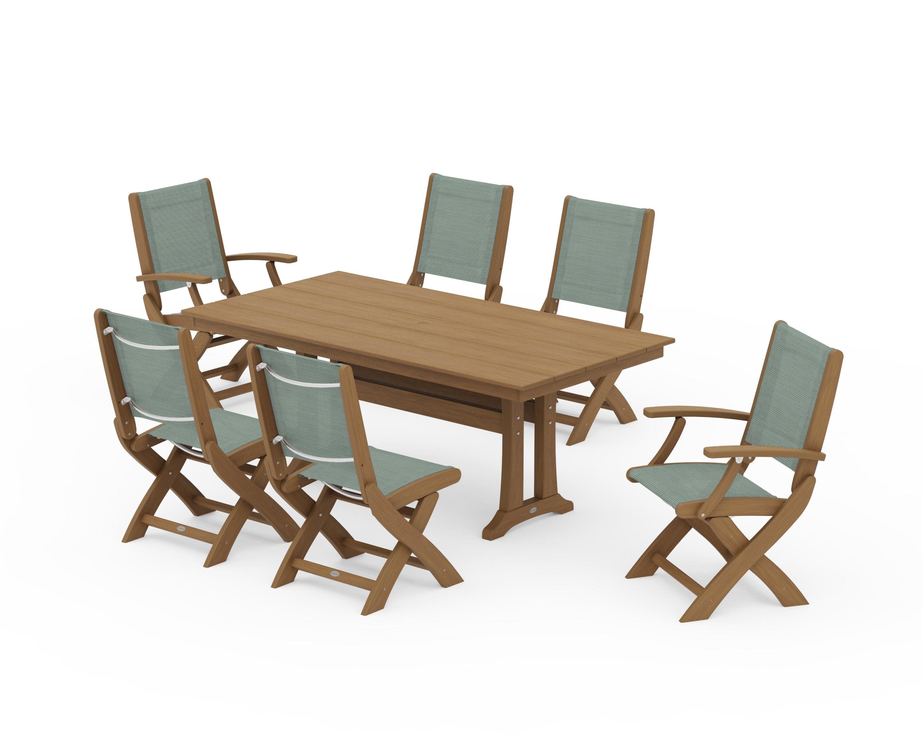 Coastal Folding Chair 7-Piece Farmhouse Dining Set with Trestle Legs in Natural / Dupioni Sea Mist Sling