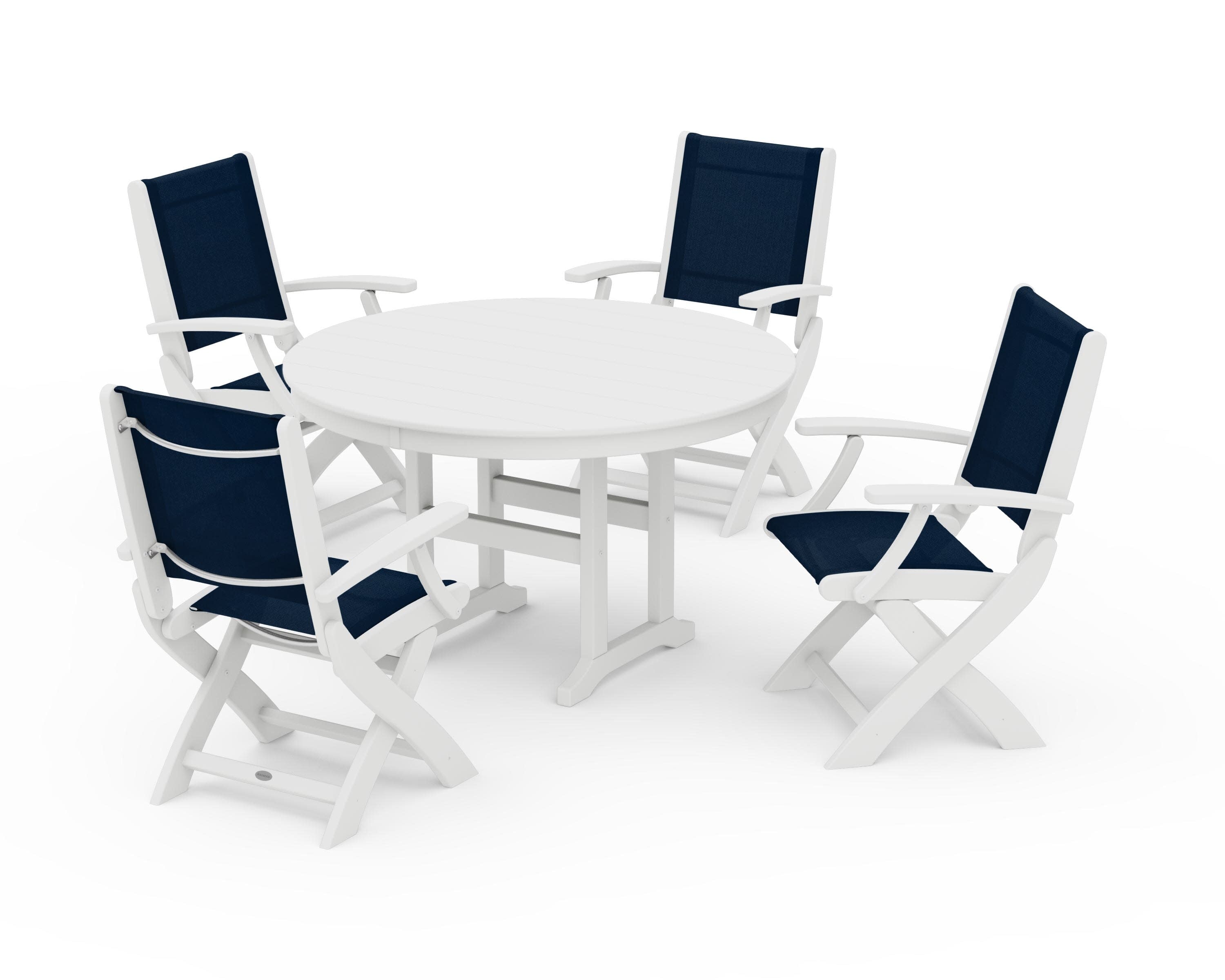 Coastal Folding Chair 5-Piece Round Dining Set in White / Navy Blue Sling