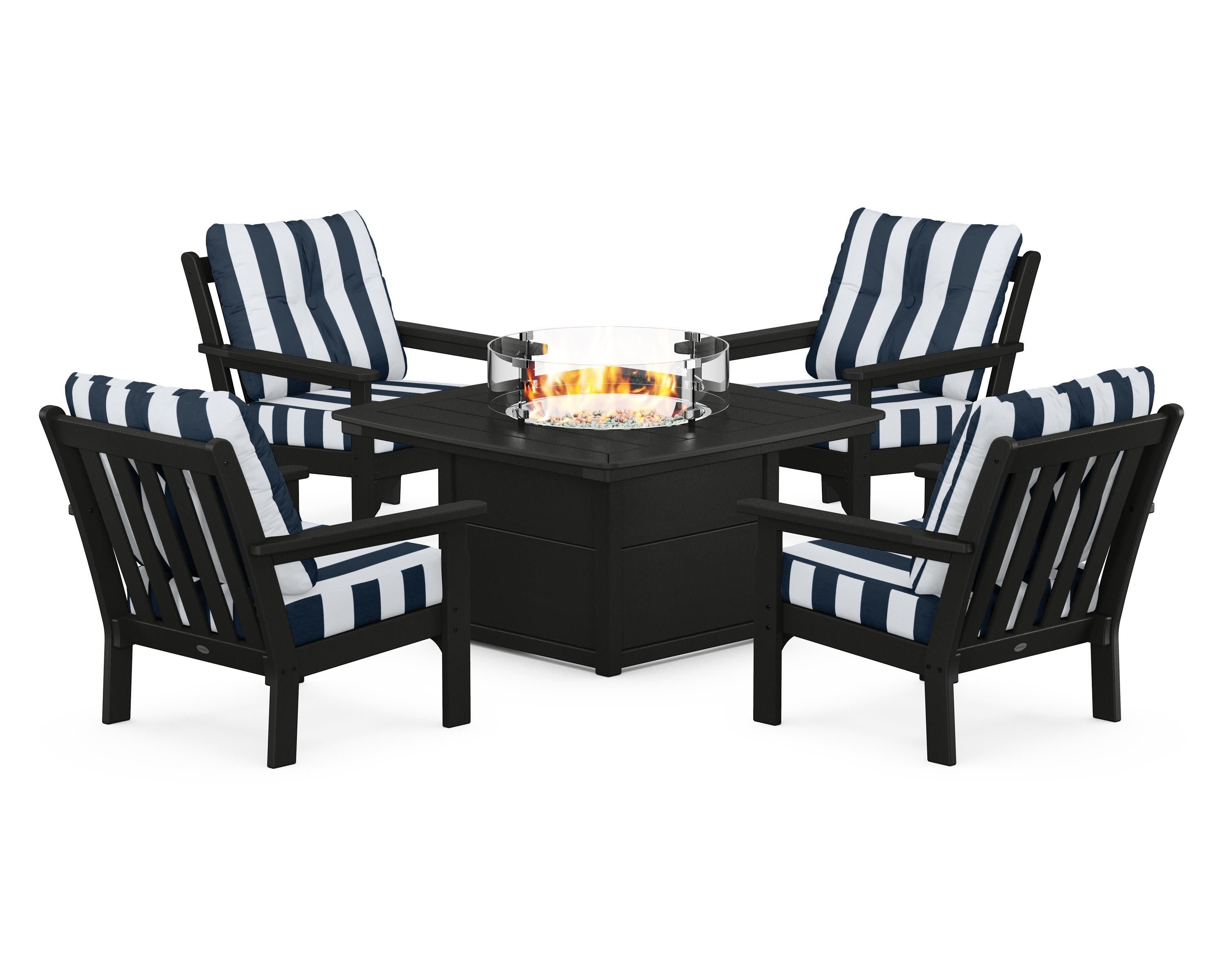Vineyard 5-Piece Conversation Set with Fire Pit Table in Black / Cabana Stripe Marine Indigo