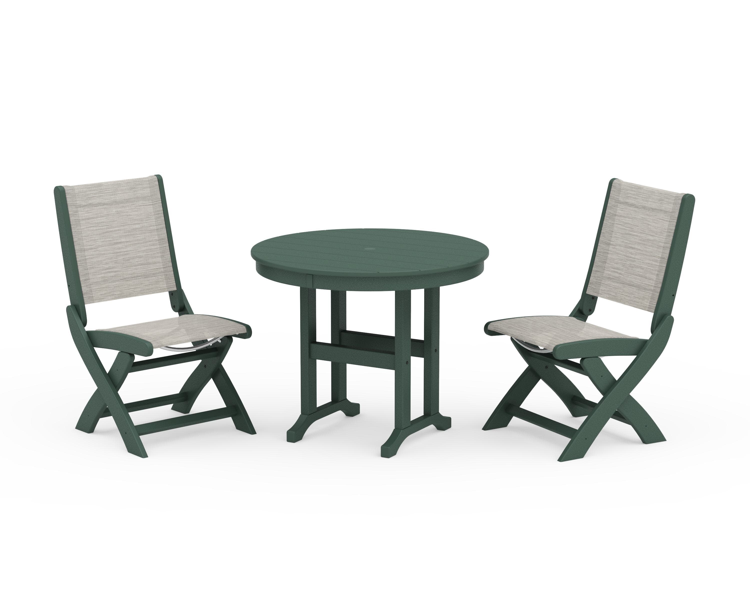 Coastal Folding Side Chair 3-Piece Round Dining Set in Green / Birch Sling