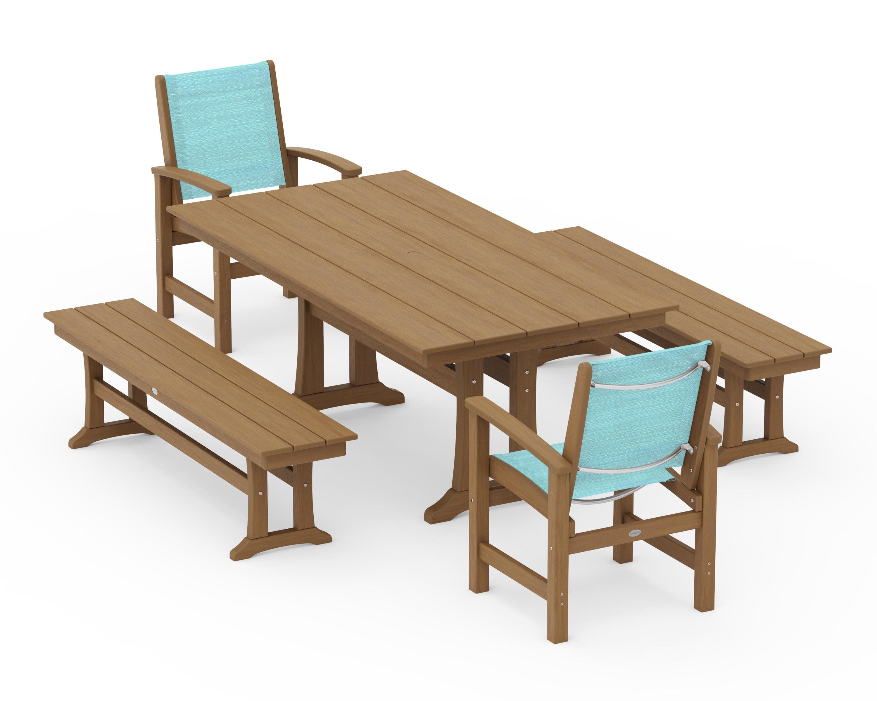 Coastal 5-Piece Farmhouse Dining Set with Trestle Legs and Benches in Natural / Dupioni Aquamarine Sling