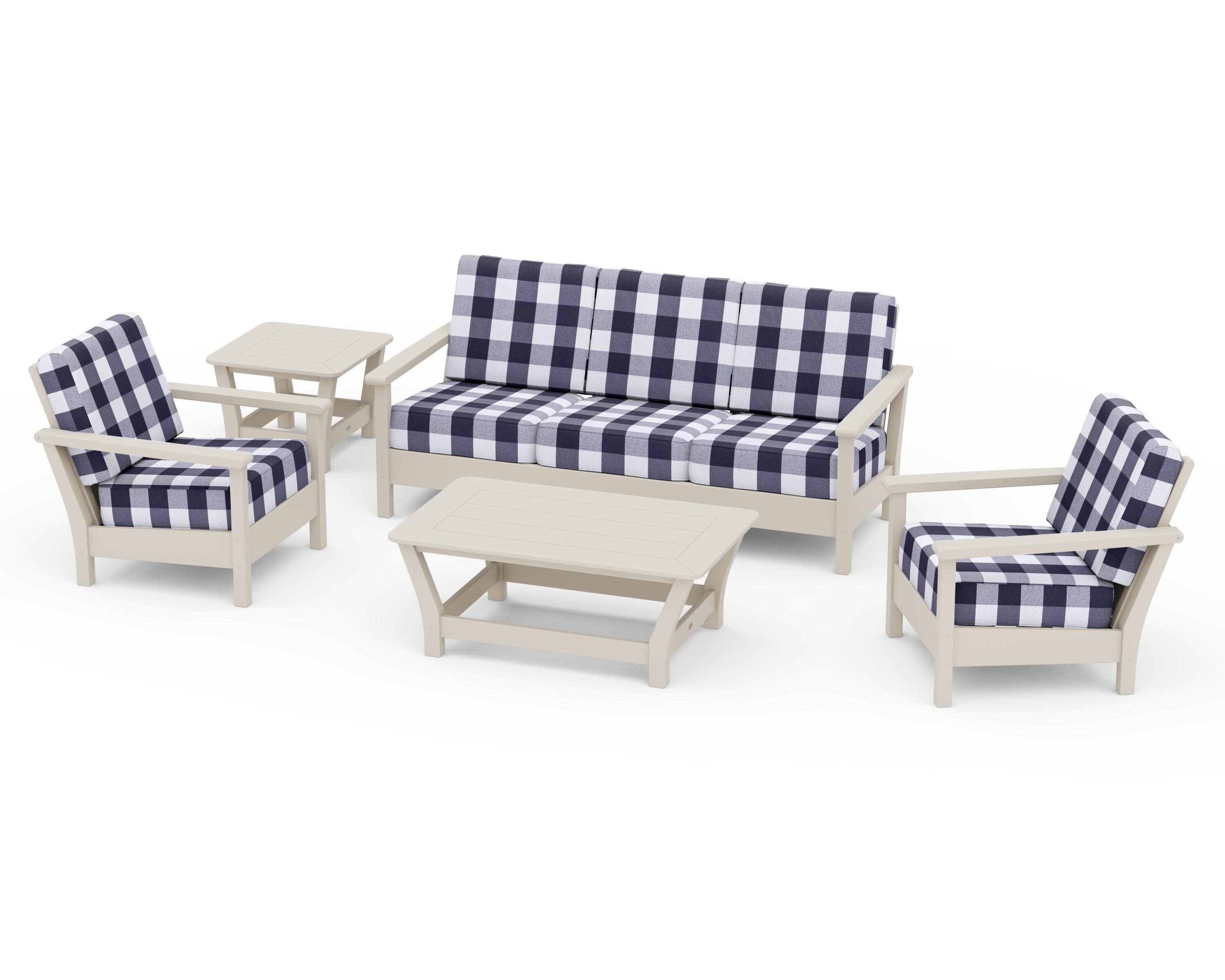 Harbour 5-Piece Deep Seating Set in Sand / Buffalo Plaid Navy