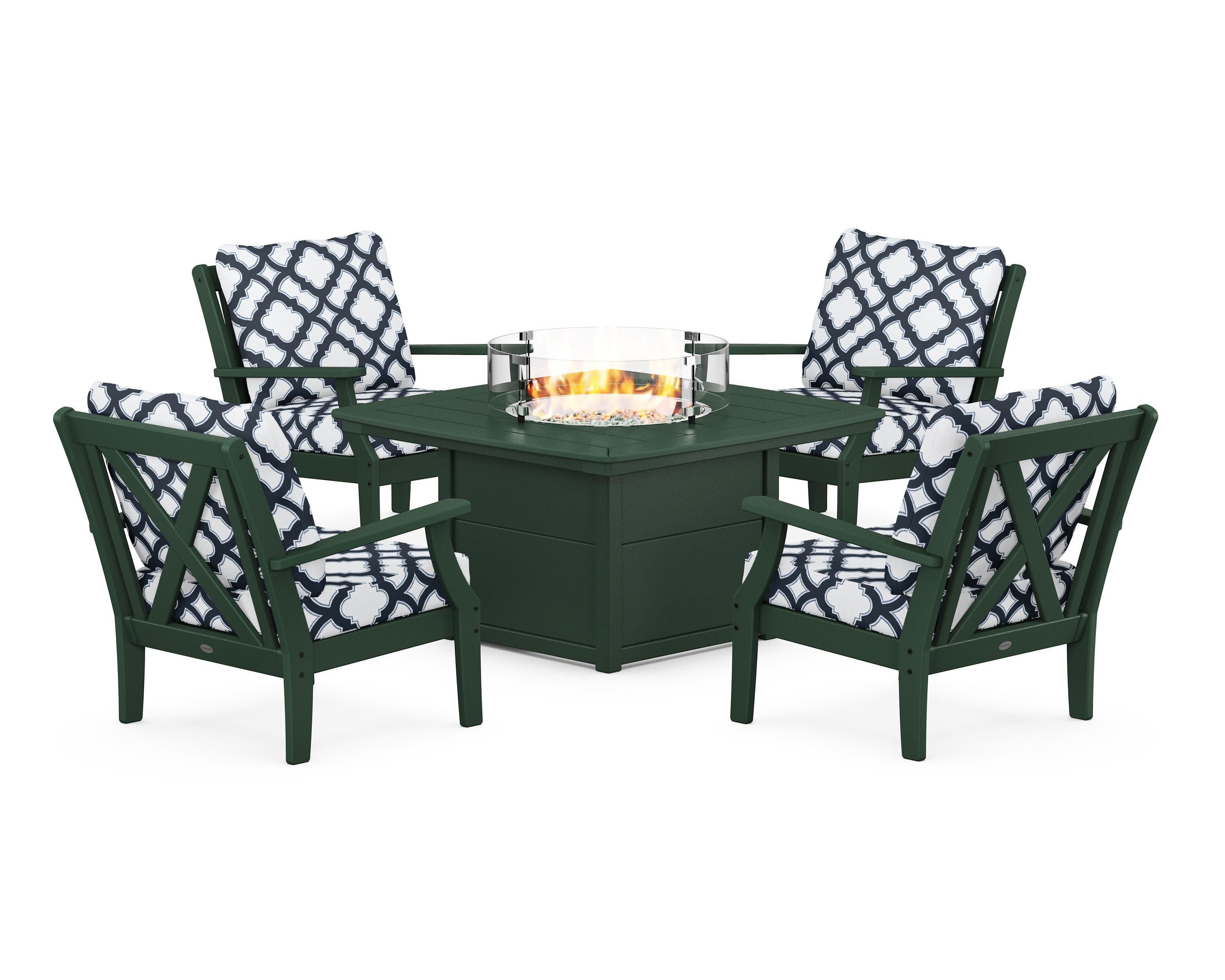 Braxton 5-Piece Deep Seating Conversation Set with Fire Pit Table in Green / Trellis Marine Indigo