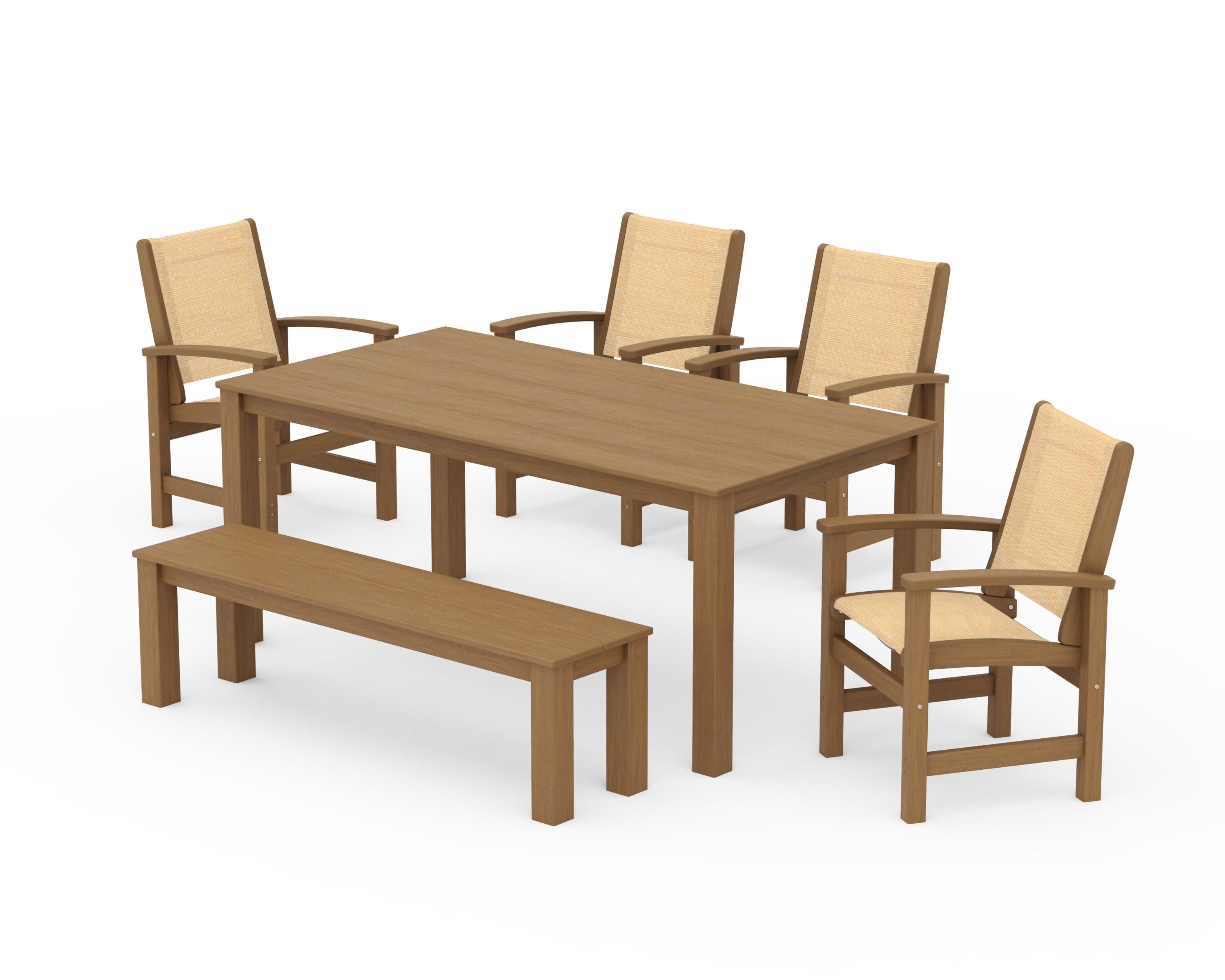 Coastal 6-Piece Parsons Dining Set with Bench in Natural / Dupioni Apricot Sling