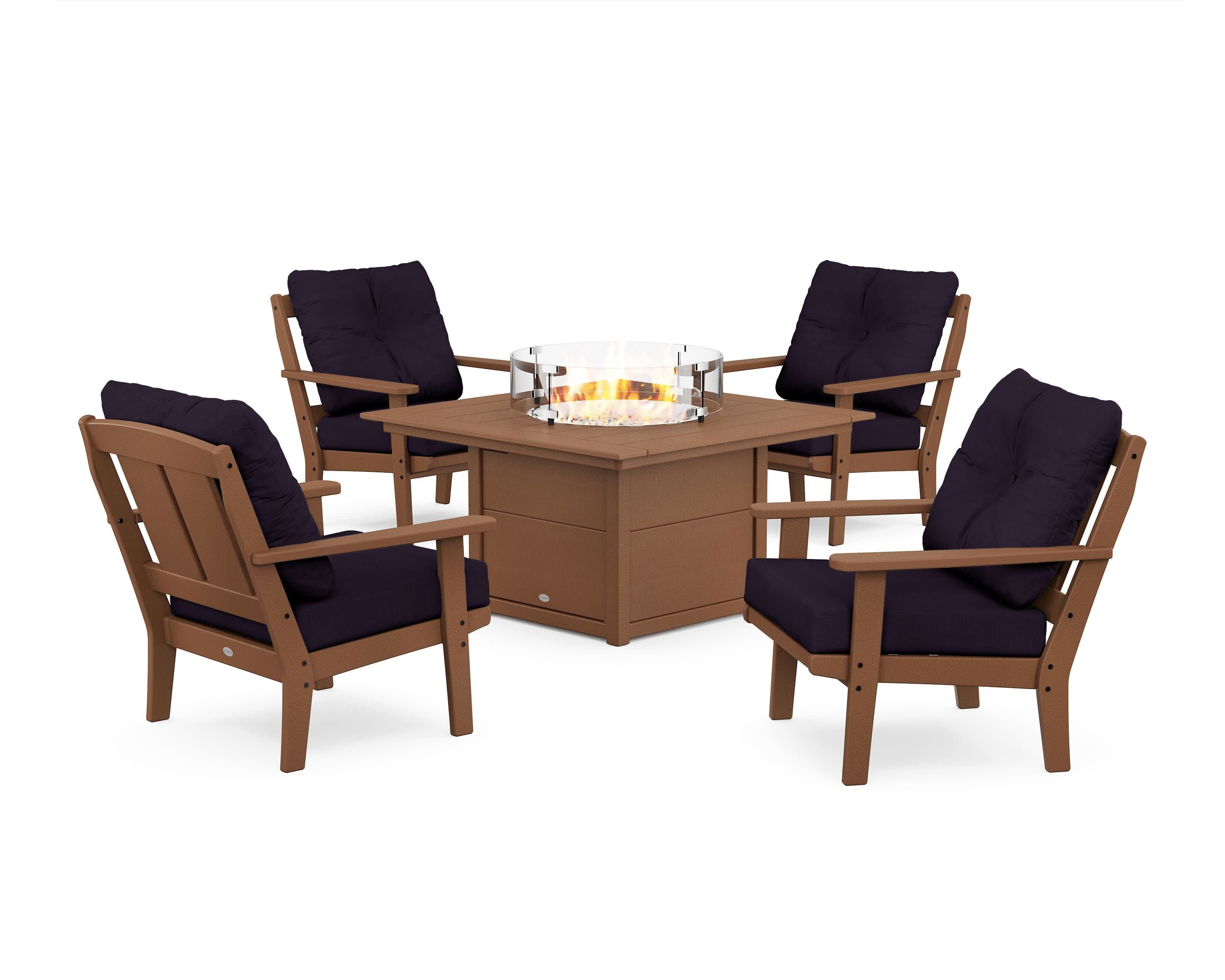 Mission 5-Piece Deep Seating Set with Fire Pit Table in Teak / Navy Linen