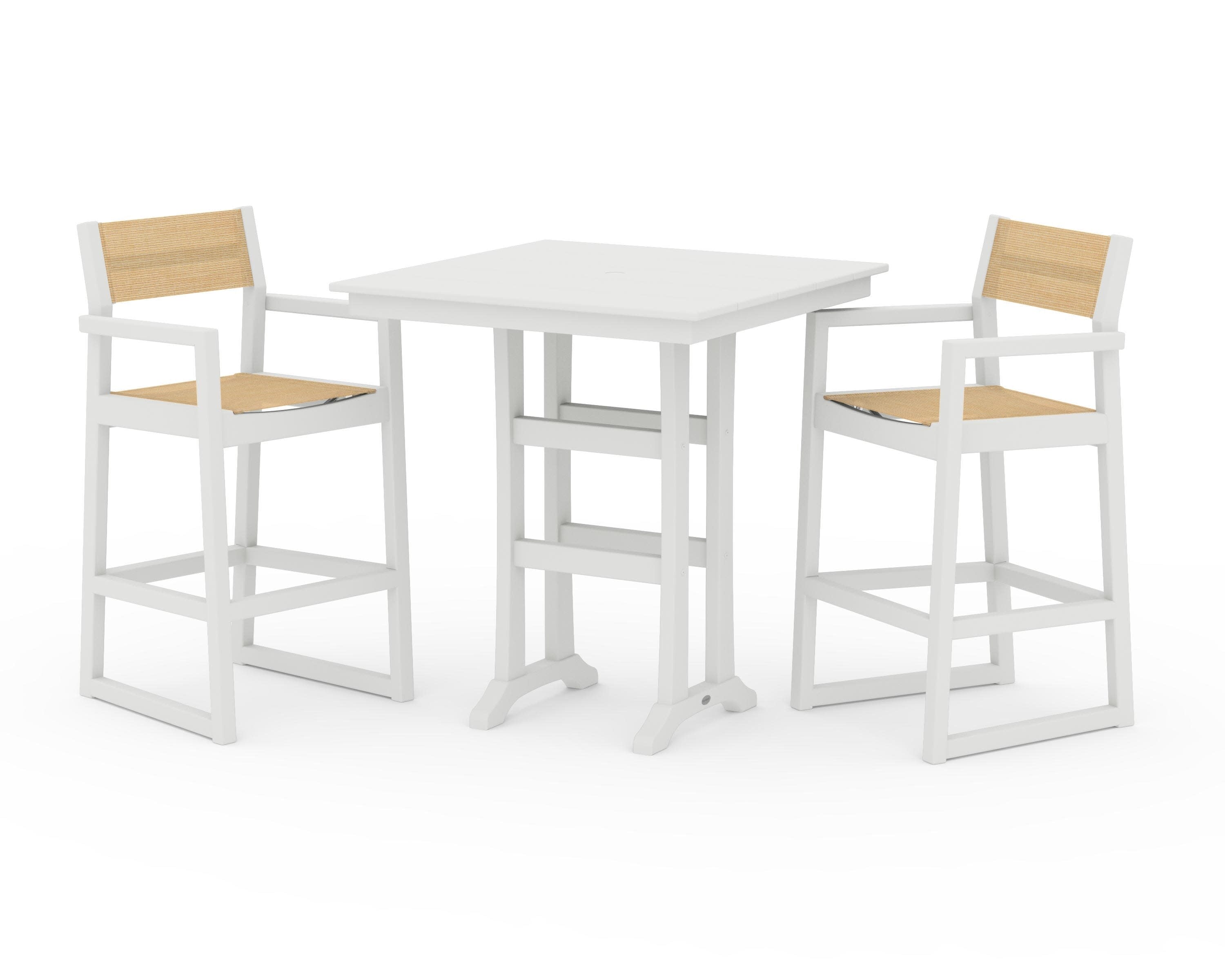 EDGE Sling Arm Chair 3-Piece Farmhouse Bar Set with Trestle Legs in Vintage White / Dupioni Apricot Sling