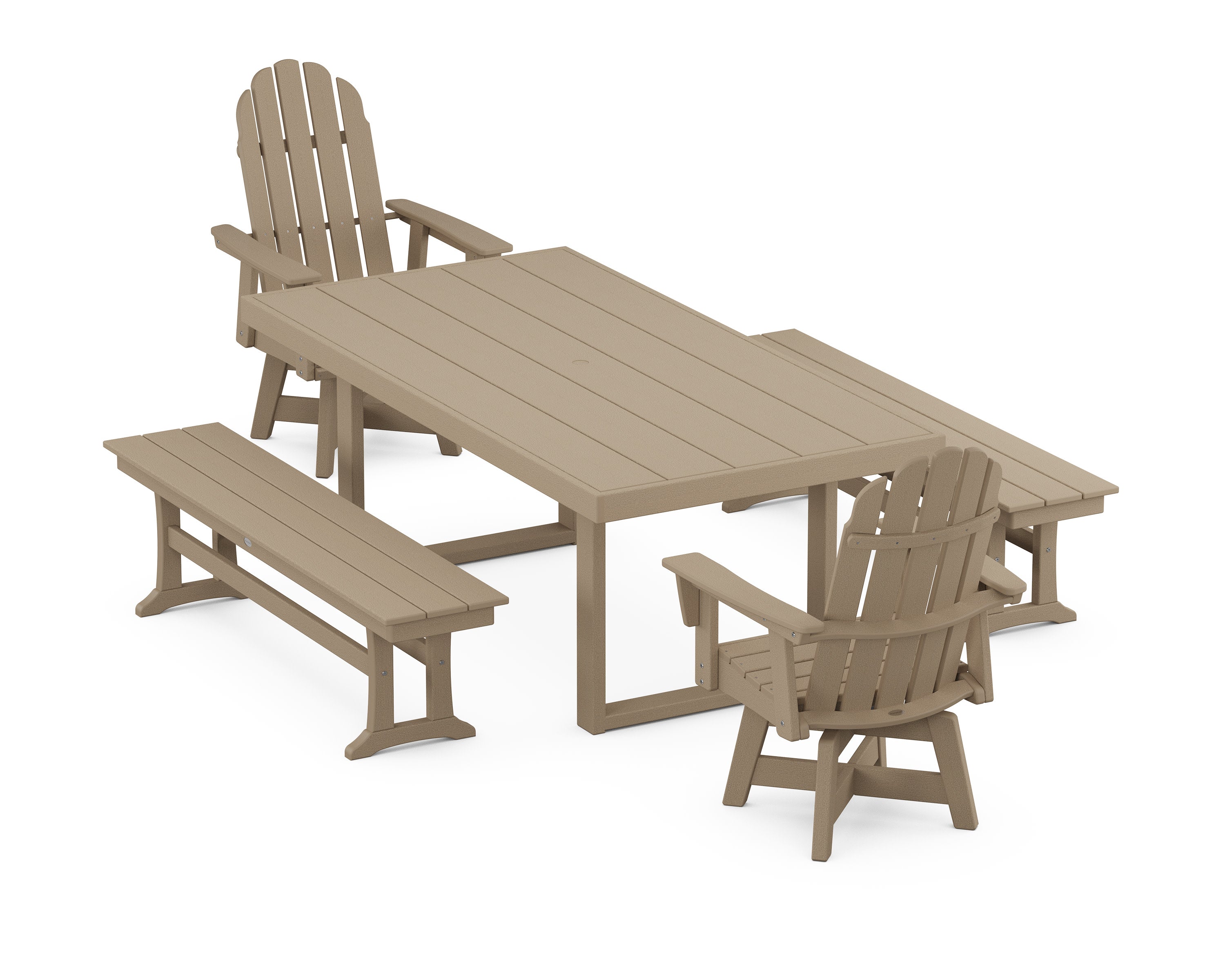 Vineyard Curveback Adirondack Swivel Chair 5-Piece Dining Set with Benches in Vintage Sahara