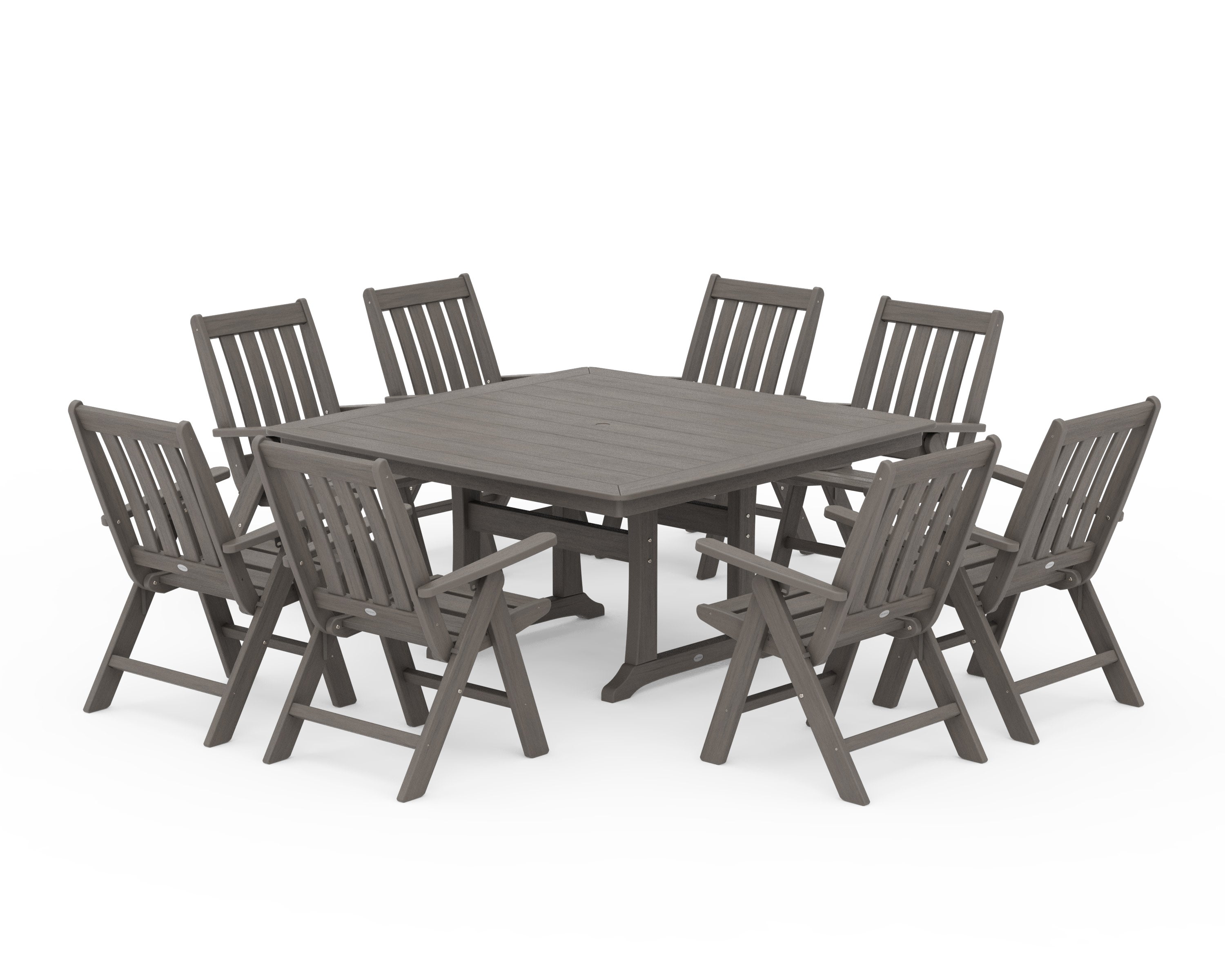 Vineyard Folding Chair 9-Piece Square Dining Set with Trestle Legs in Driftwood