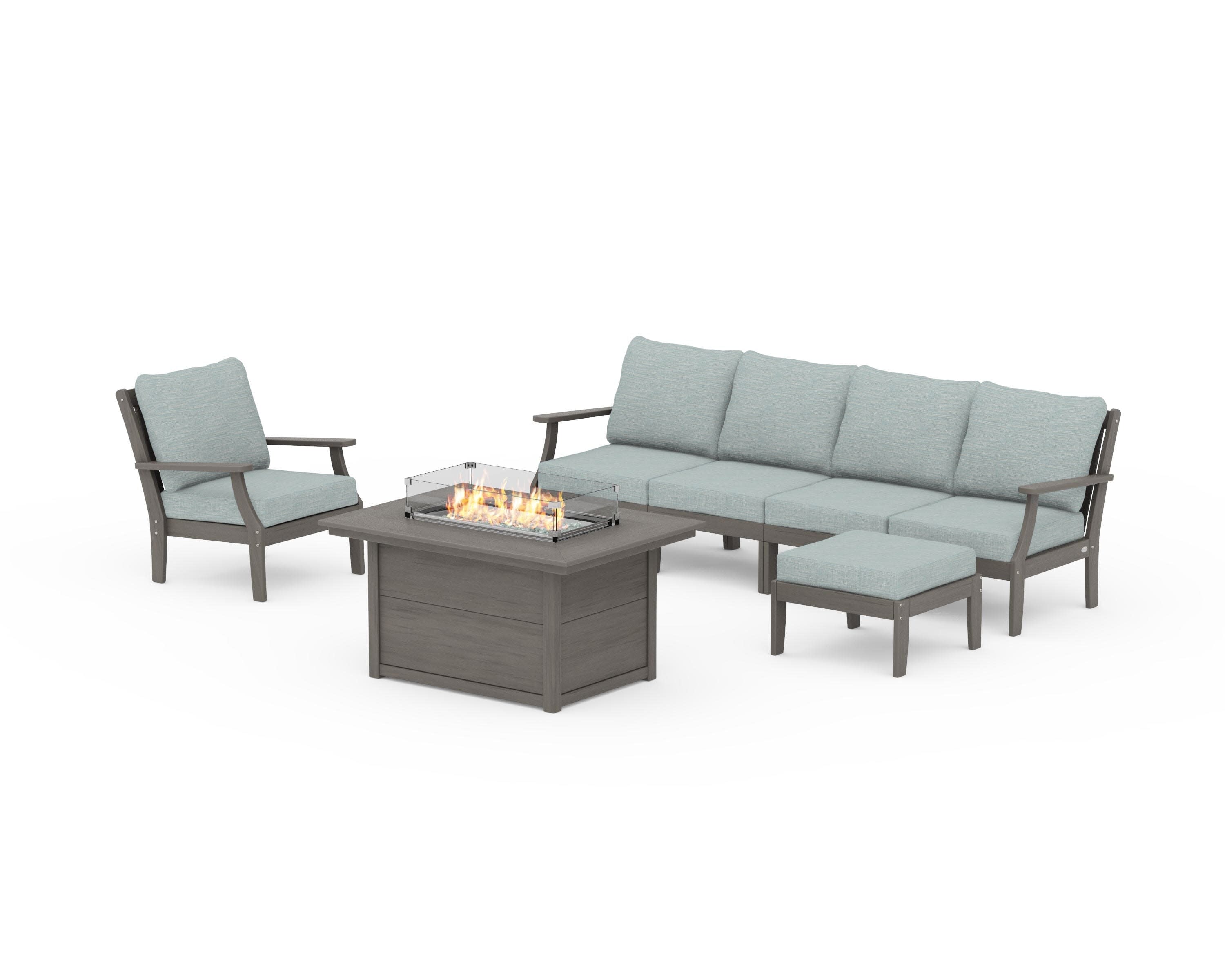 Braxton Sectional Lounge and Fire Pit Set in Driftwood / Soothe Mist