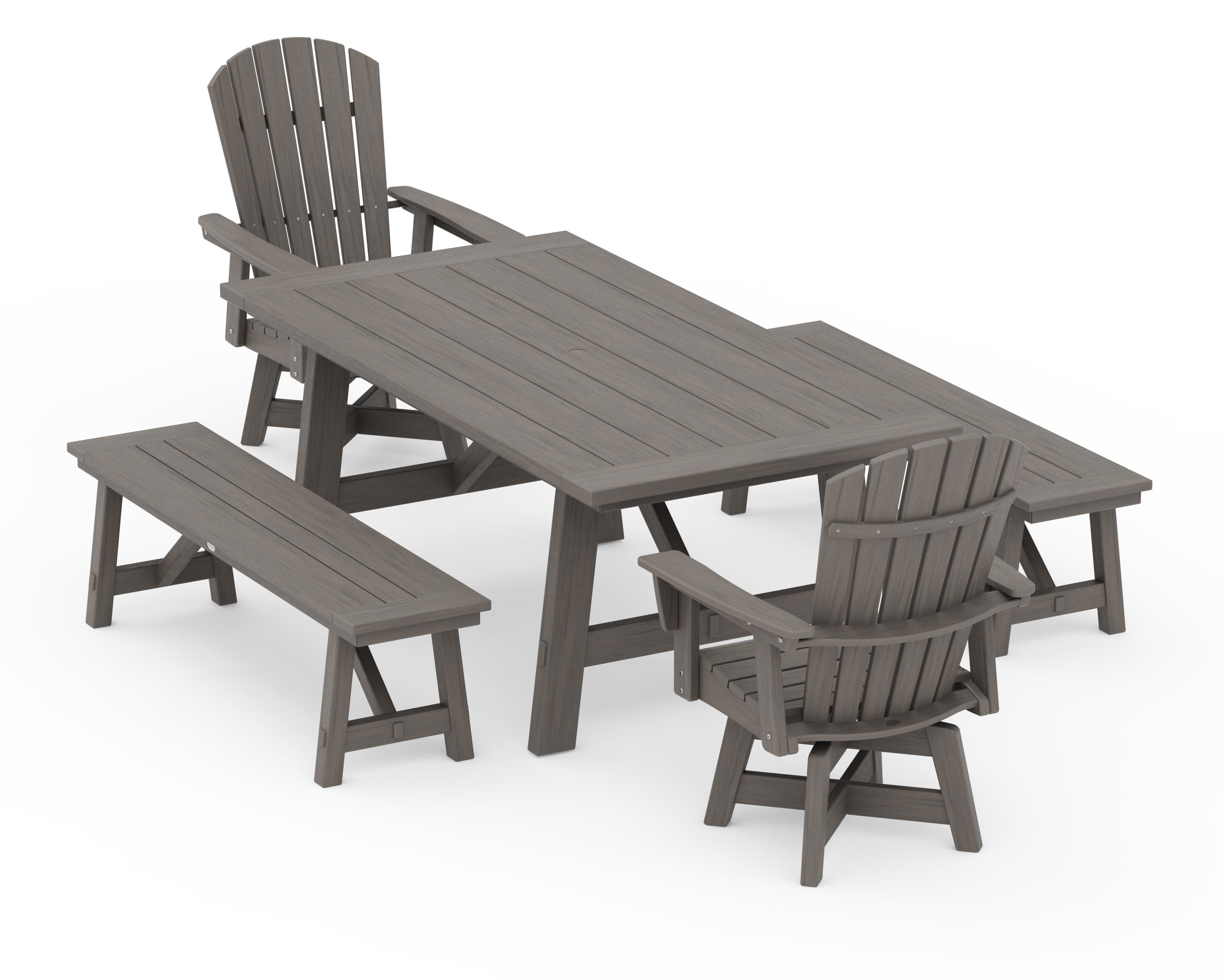 Nautical Curveback Adirondack Swivel Chair 5-Piece Rustic Farmhouse Dining Set With Benches in Driftwood
