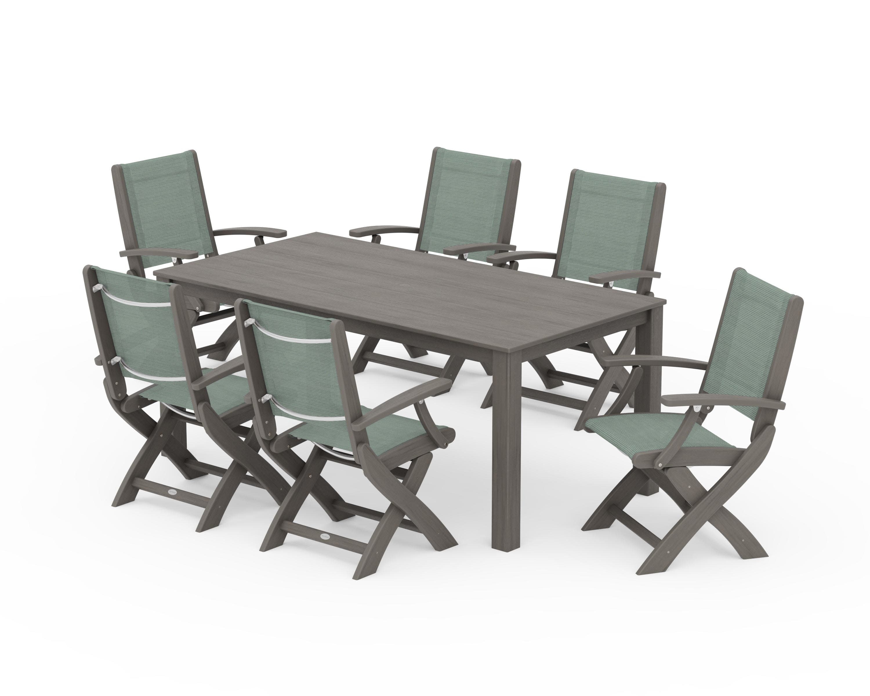 Coastal Folding Chair 7-Piece Parsons Dining Set in Driftwood / Dupioni Sea Mist Sling