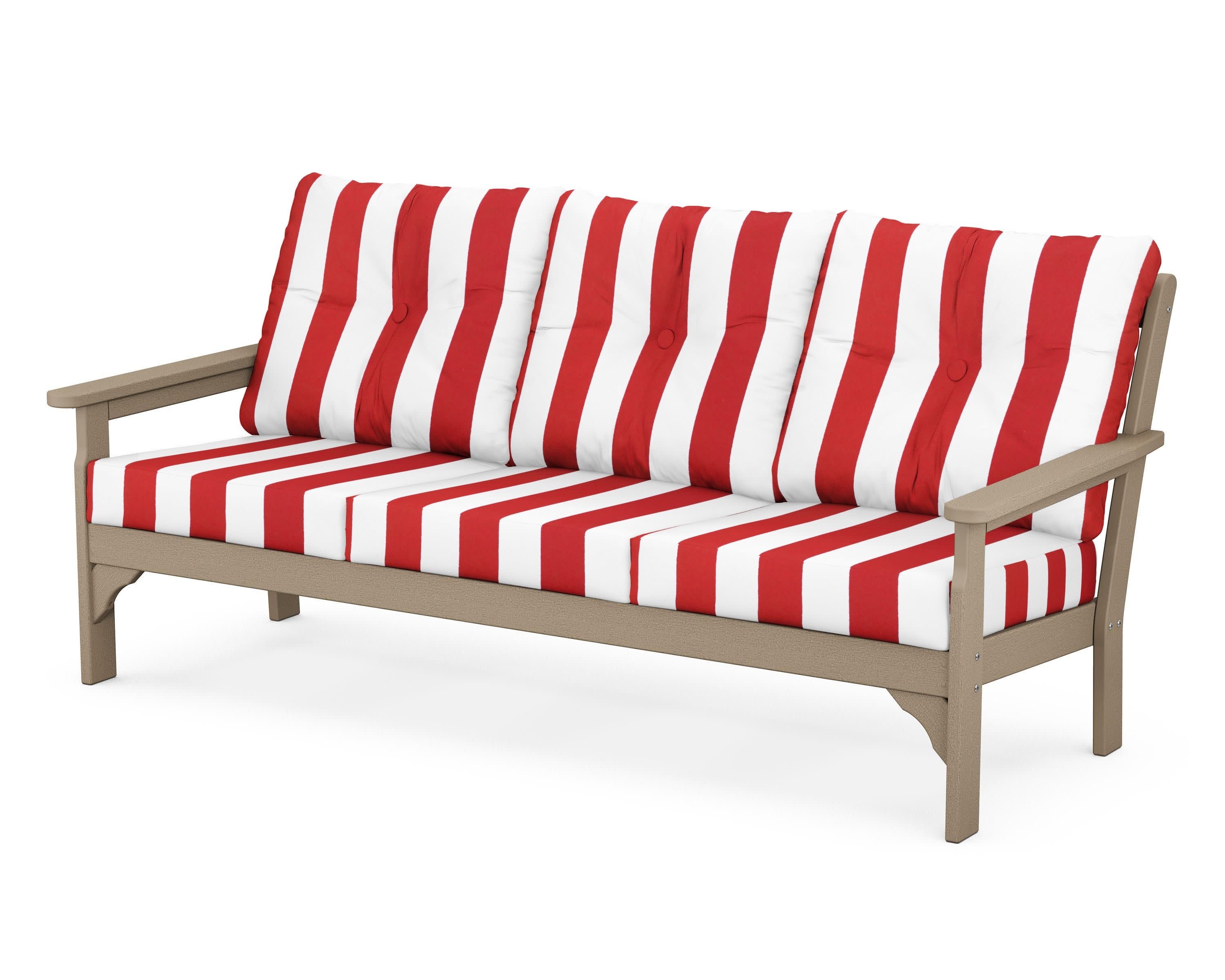 Vineyard Deep Seating Sofa in Vintage Sahara / Cabana Stripe Crimson