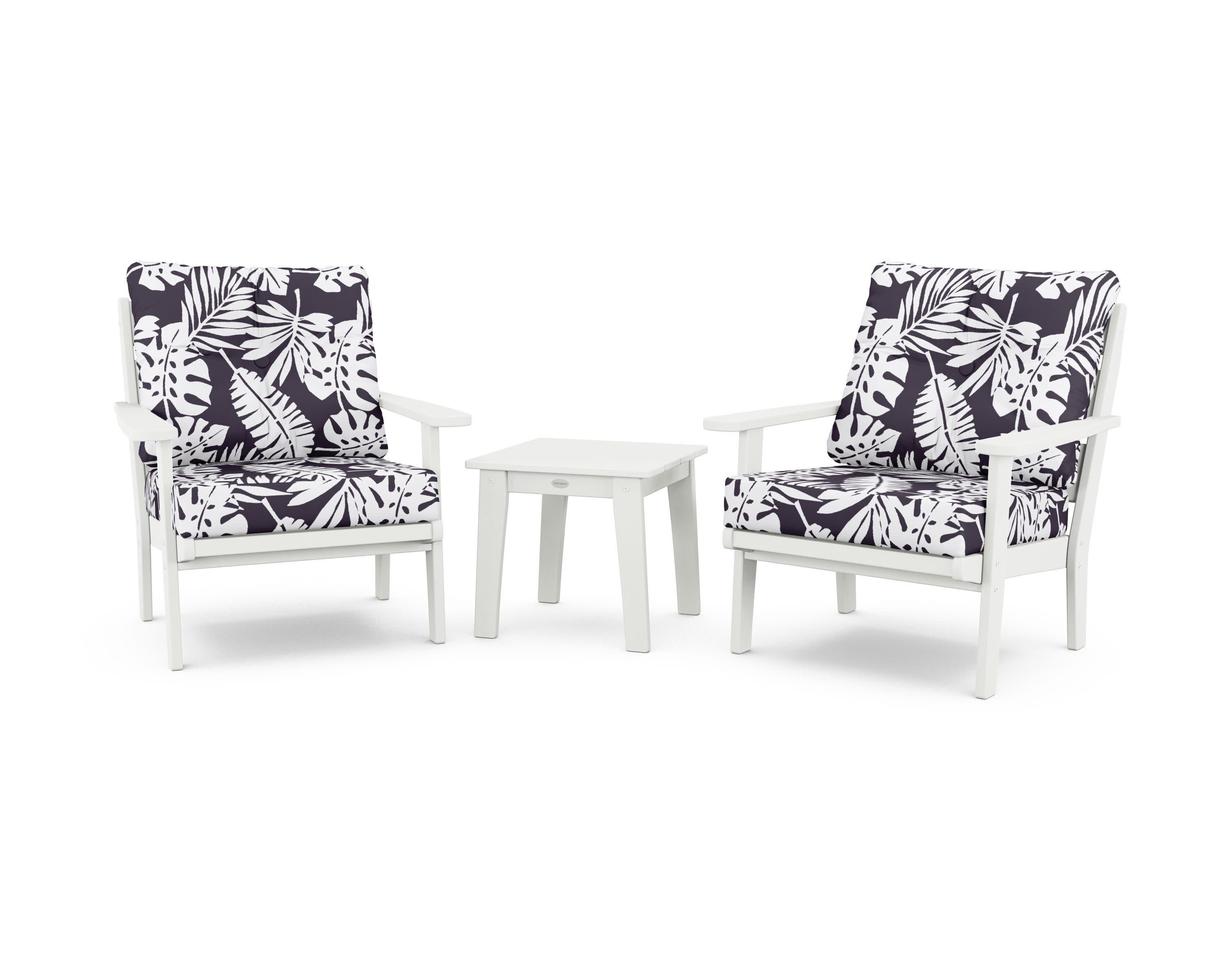 Lakeside 3-Piece Deep Seating Chair Set in Vintage White / Leaf Navy