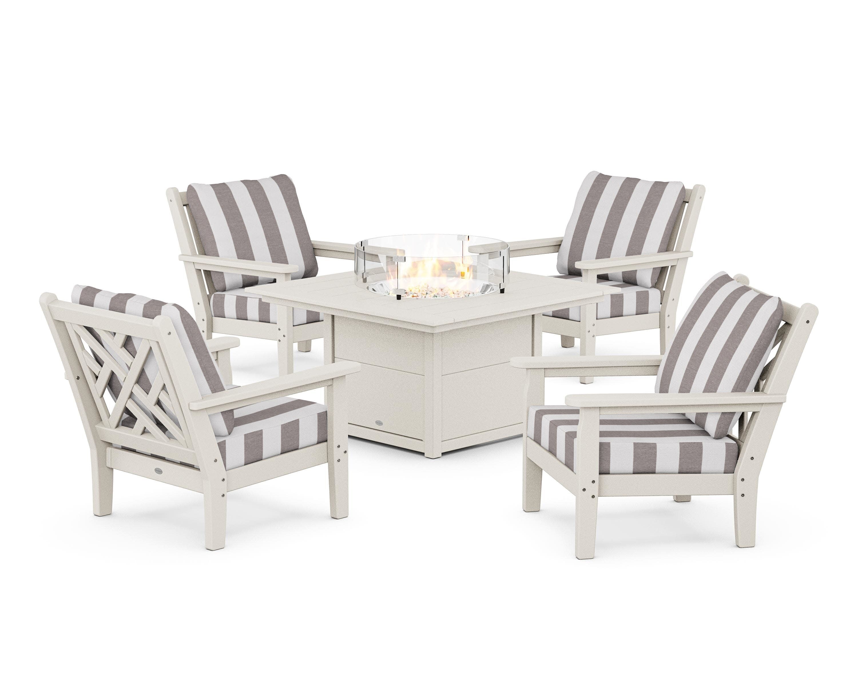 Chippendale 5-Piece Deep Seating Set with Fire Pit Table in Sand / Cabana Stripe Grey Mist