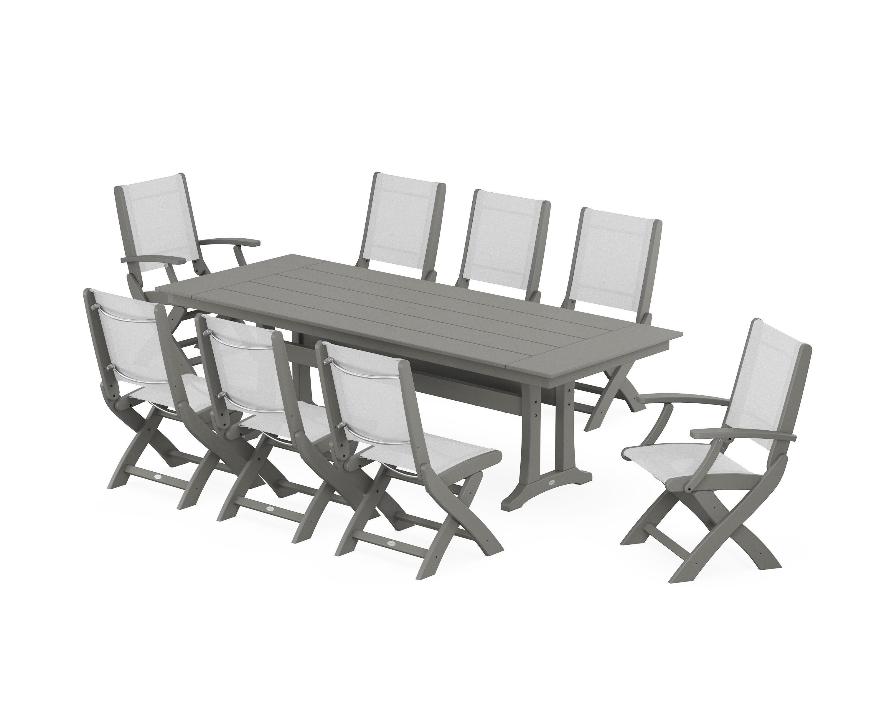 Coastal 9-Piece Folding Dining Chair Farmhouse Dining Set with Trestle Legs in Slate Grey / White Sling