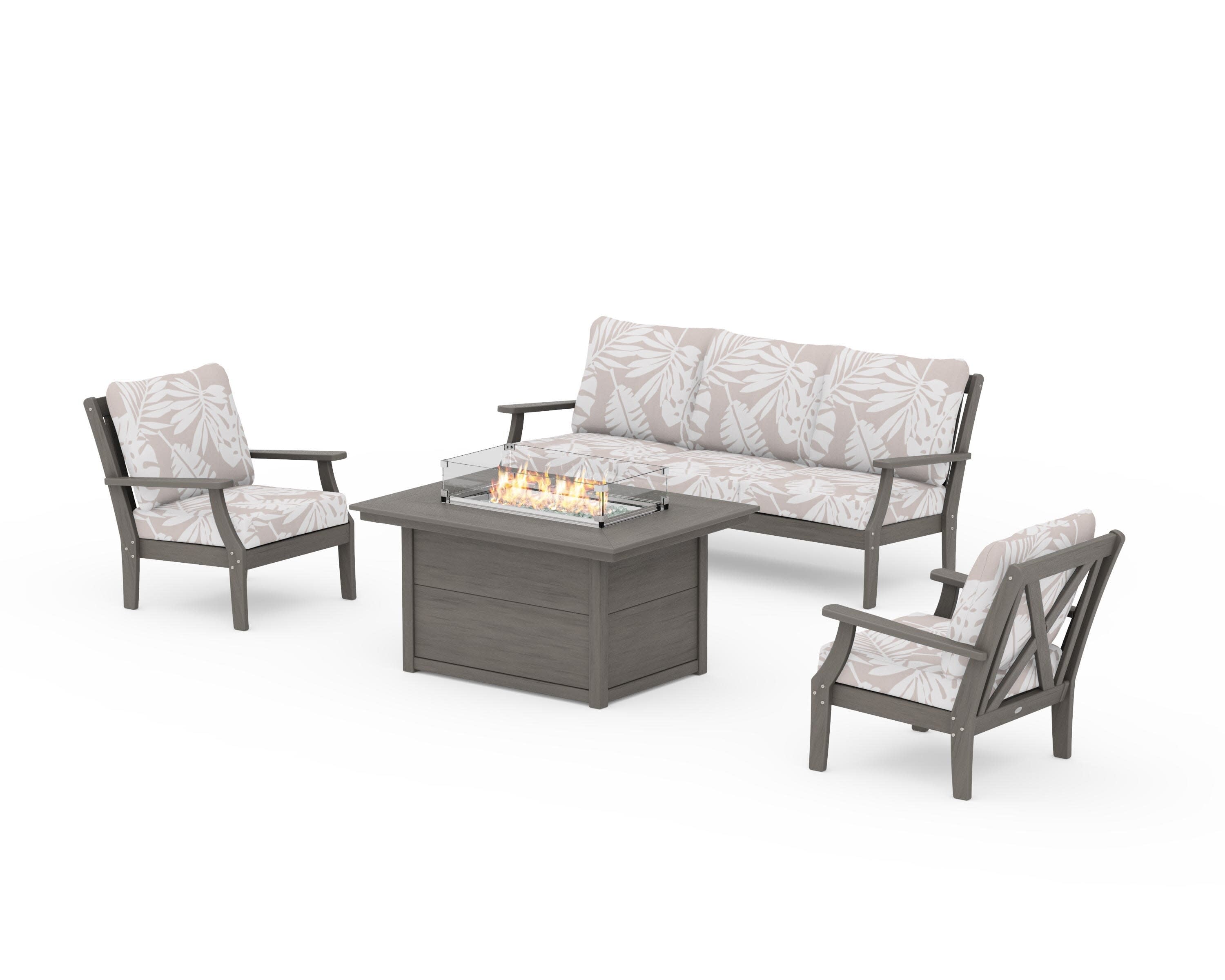 Braxton Deep Seating Fire Pit Table Set in Driftwood / Leaf Dune Burlap