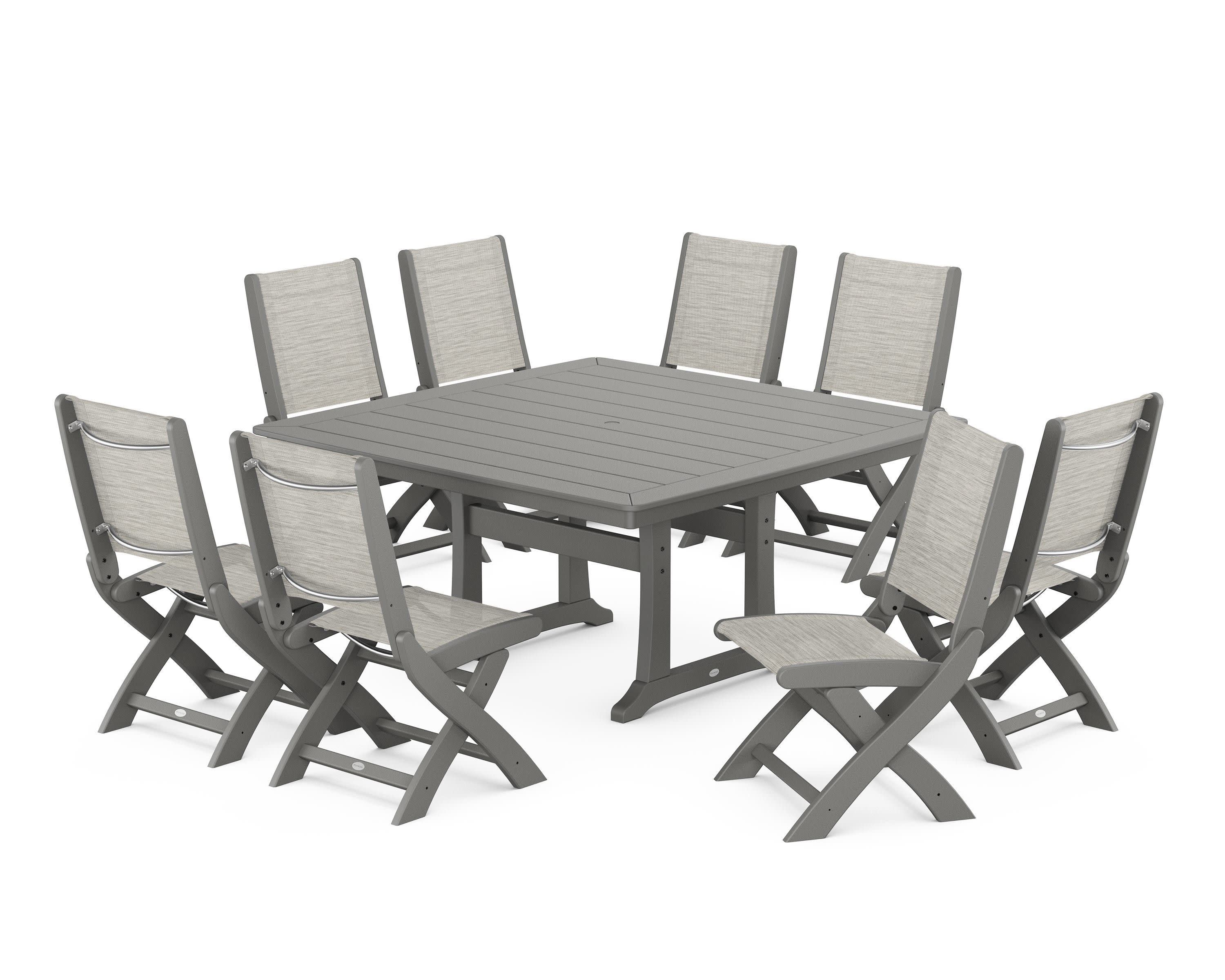 Coastal Folding Side Chair 9-Piece Dining Set with Trestle Legs in Slate Grey / Birch Sling