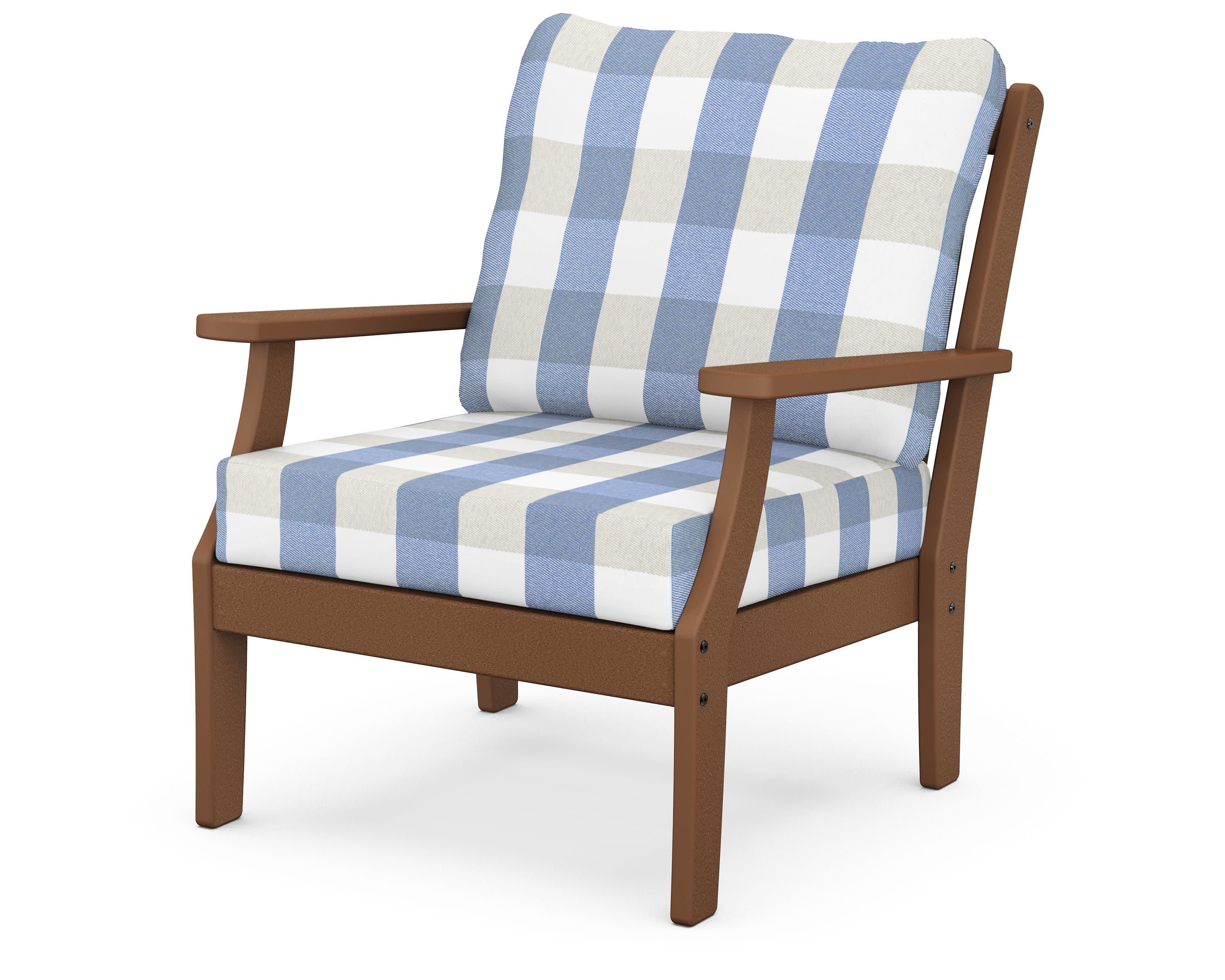 Braxton Deep Seating Chair in Teak / Buffalo Plaid Sky Blue