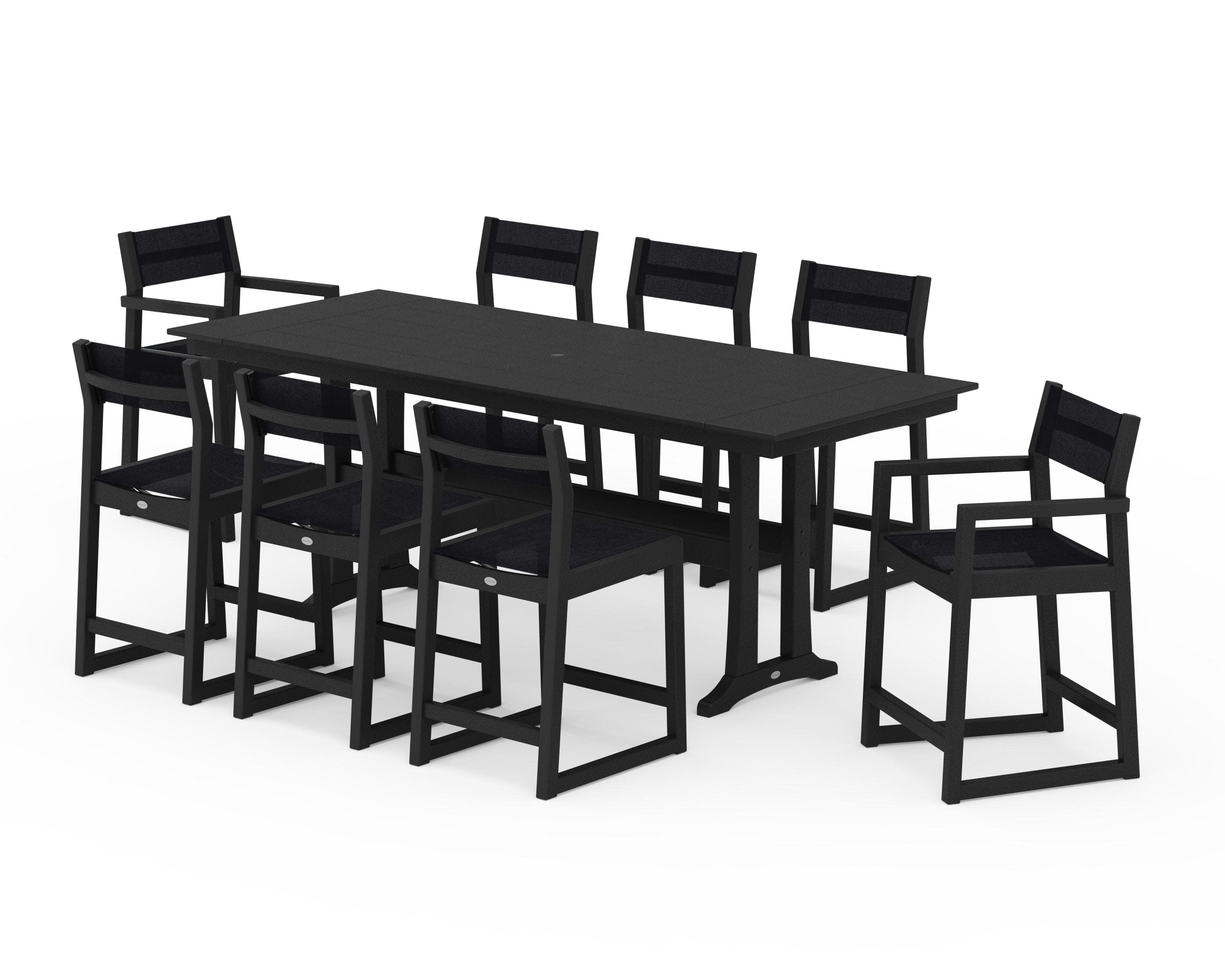 EDGE Sling 9-Piece Farmhouse Counter Set with Trestle Legs in Black / Black Sling