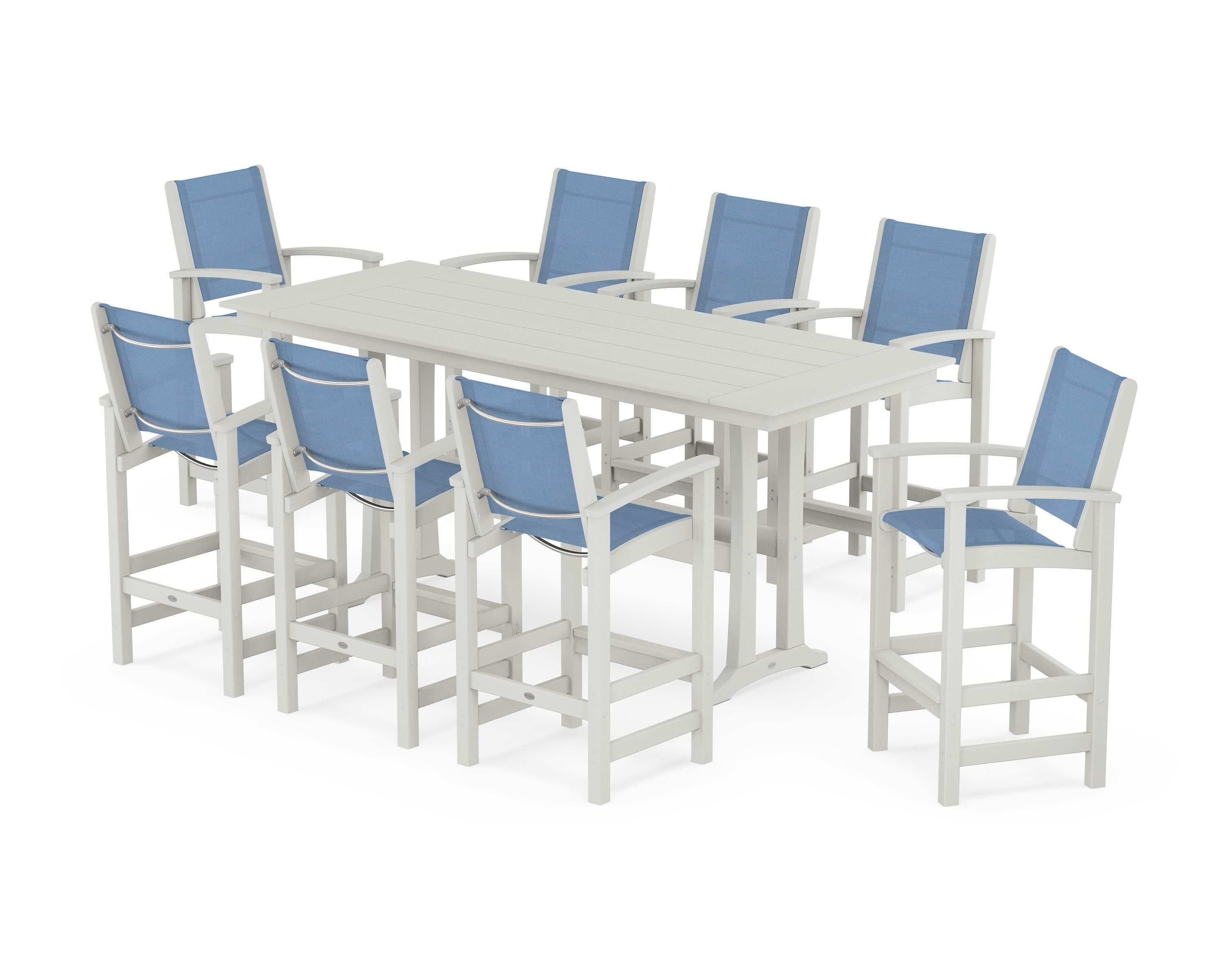 Coastal 9-Piece Farmhouse Bar Set with Trestle Legs in Vintage White / Poolside Sling
