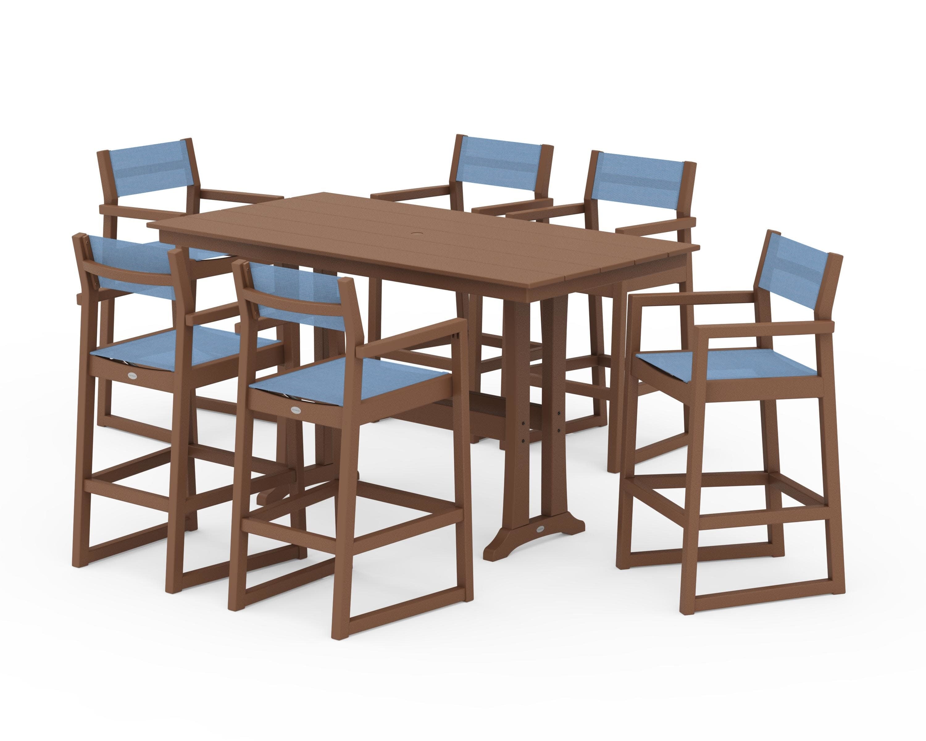 EDGE Sling Arm Chair 7-Piece Farmhouse Bar Set with Trestle Legs in Teak / Poolside Sling