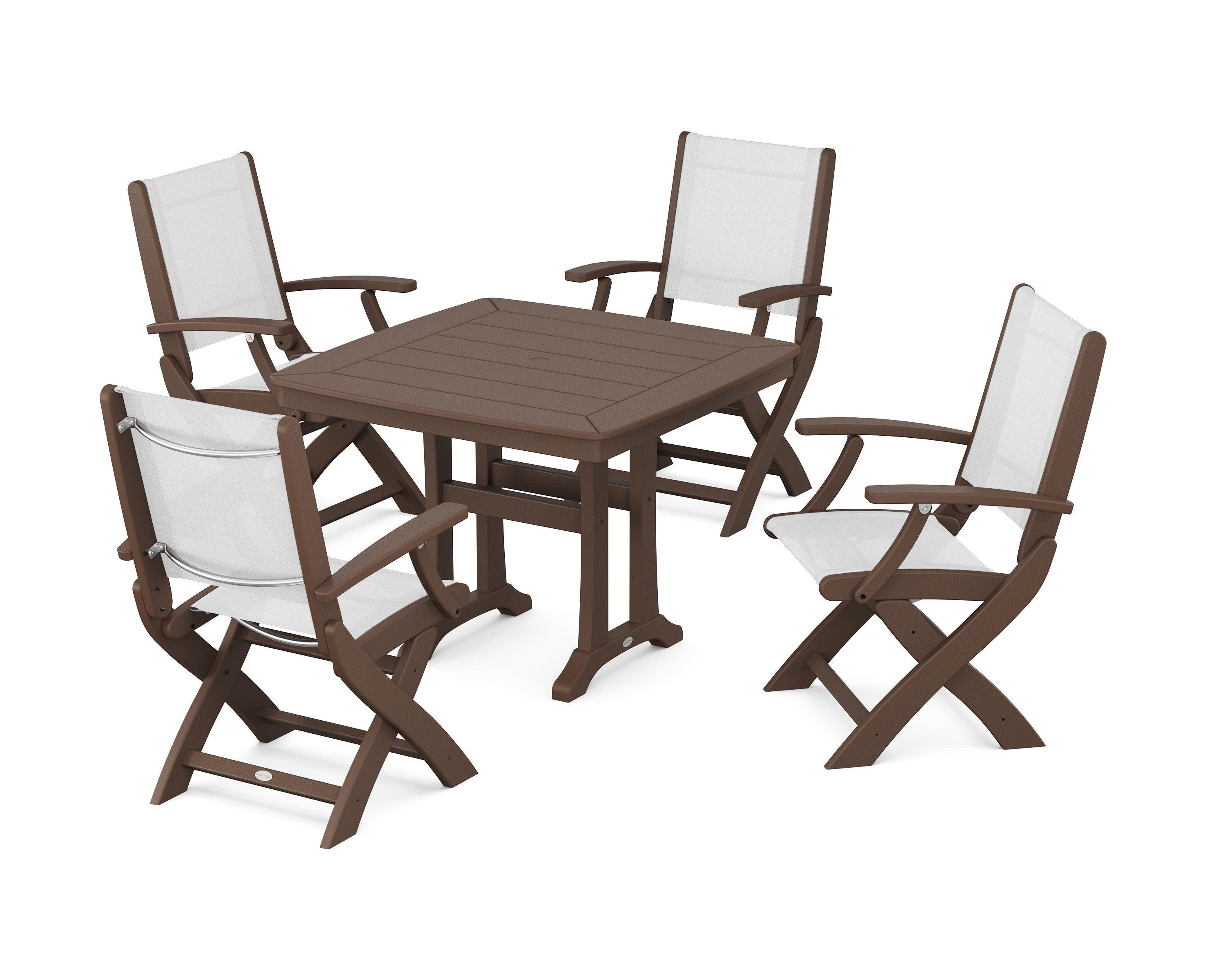 Coastal Folding Chair 5-Piece Dining Set with Trestle Legs in Mahogany / White Sling