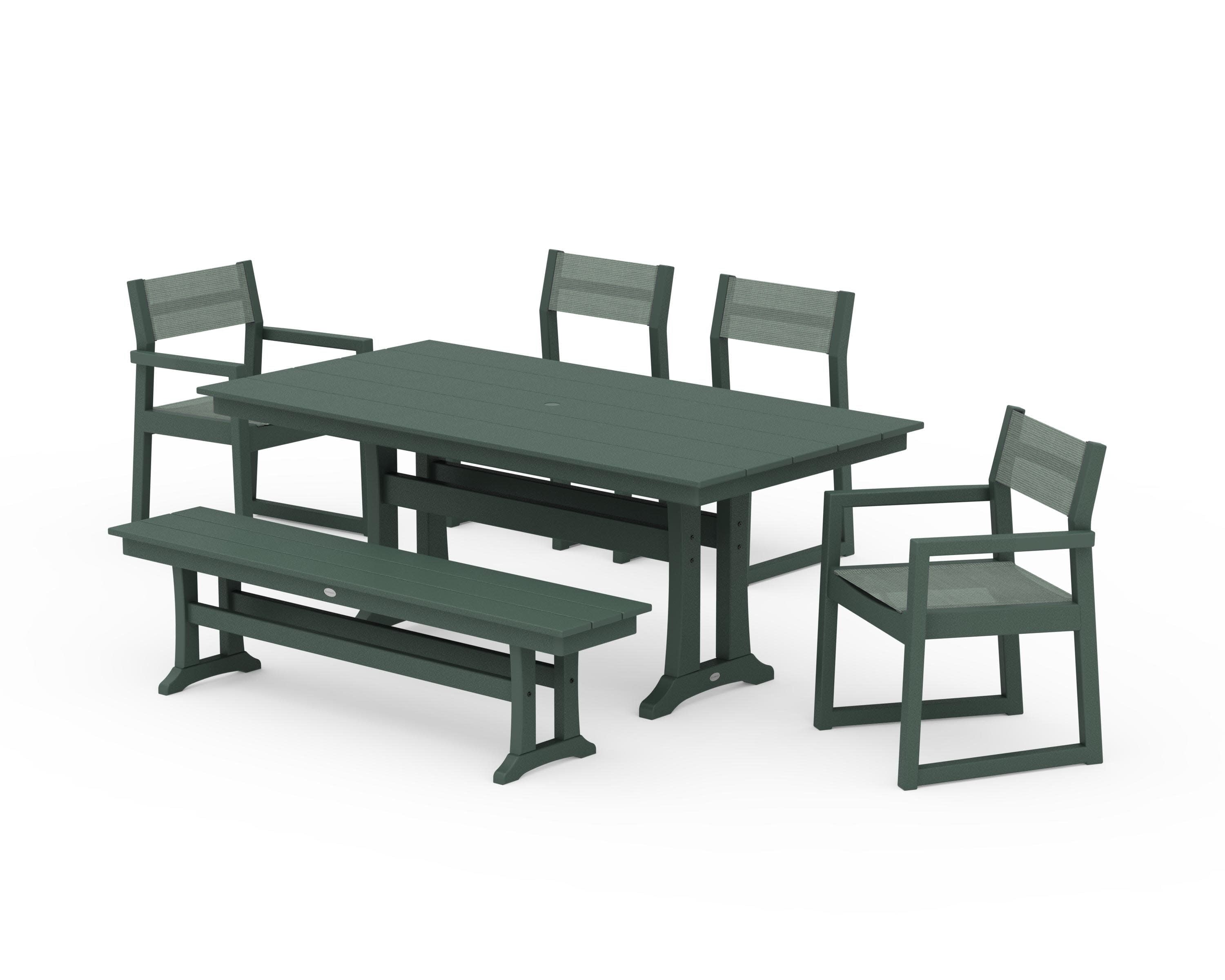 EDGE Sling 6-Piece Farmhouse Dining Set With Trestle Legs in Green / Dupioni Sea Mist Sling