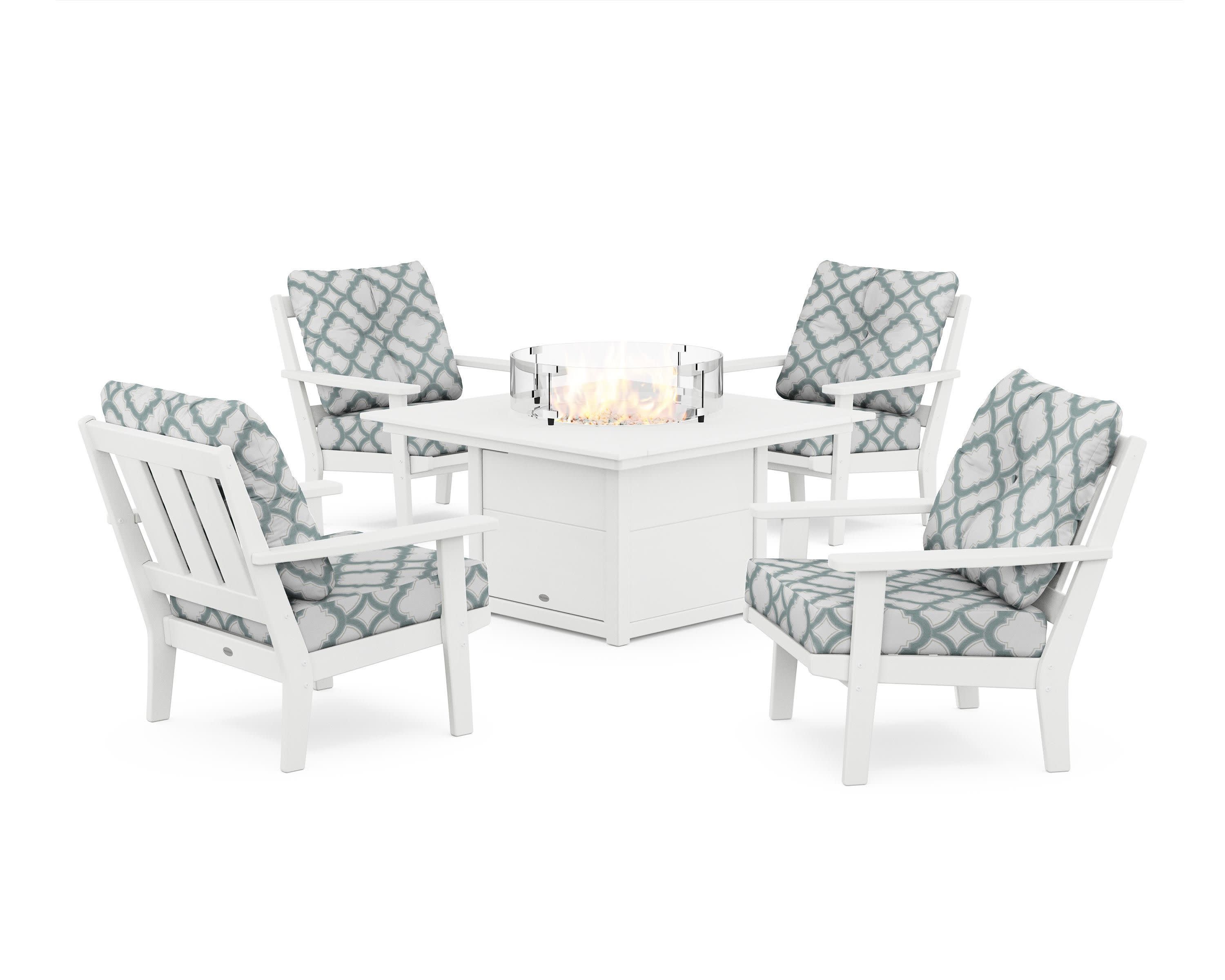 Oxford 5-Piece Deep Seating Set with Fire Pit Table in White / Trellis Glacier Spa