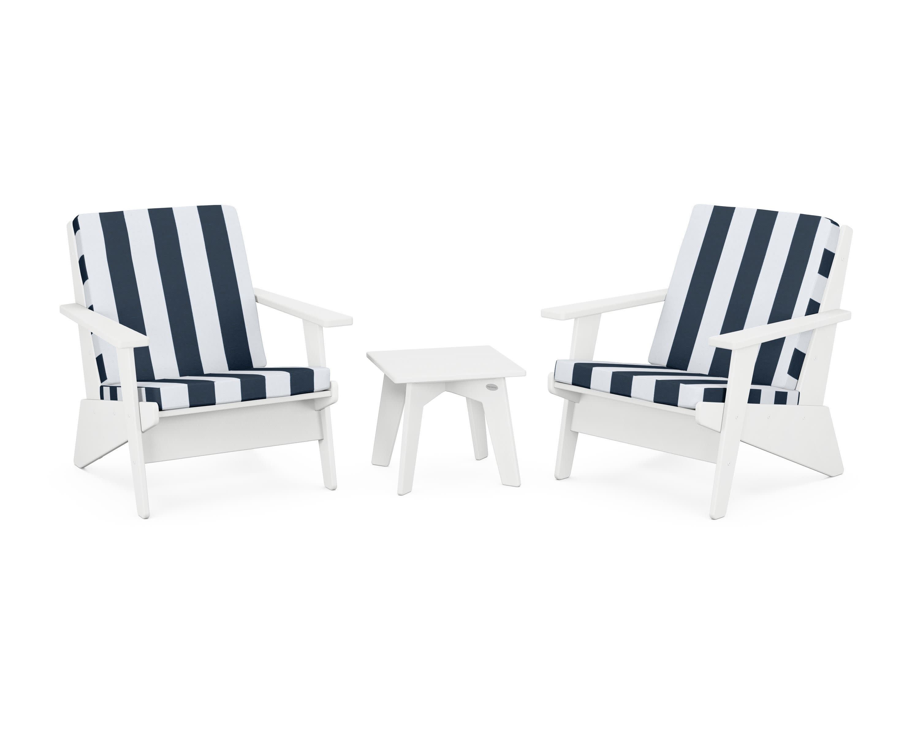 Riviera Modern Lounge 3-Piece Set in White / Cabana Stripe Marine Indigo