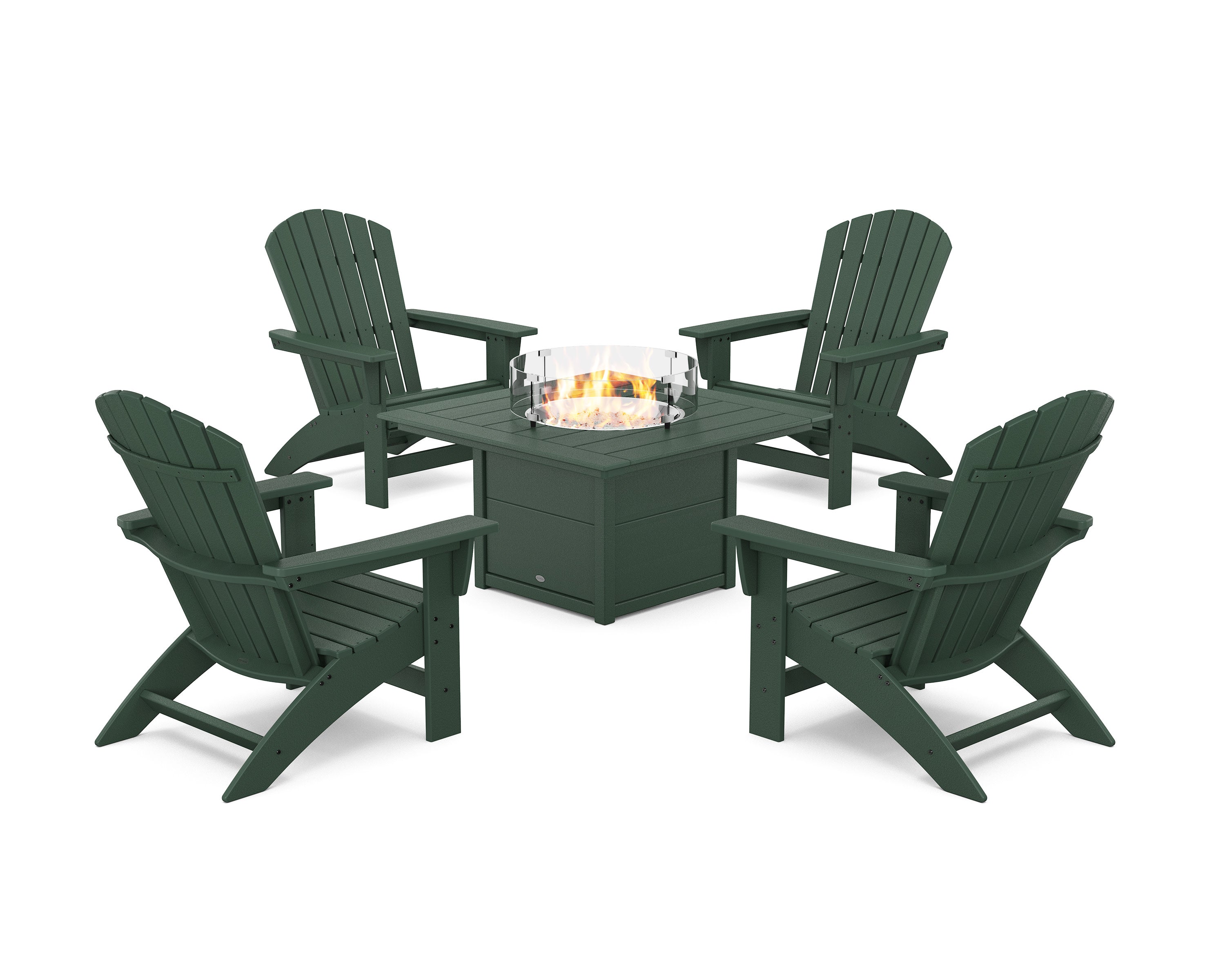 5-Piece Nautical Grand Adirondack Conversation Set with Fire Pit Table in Green
