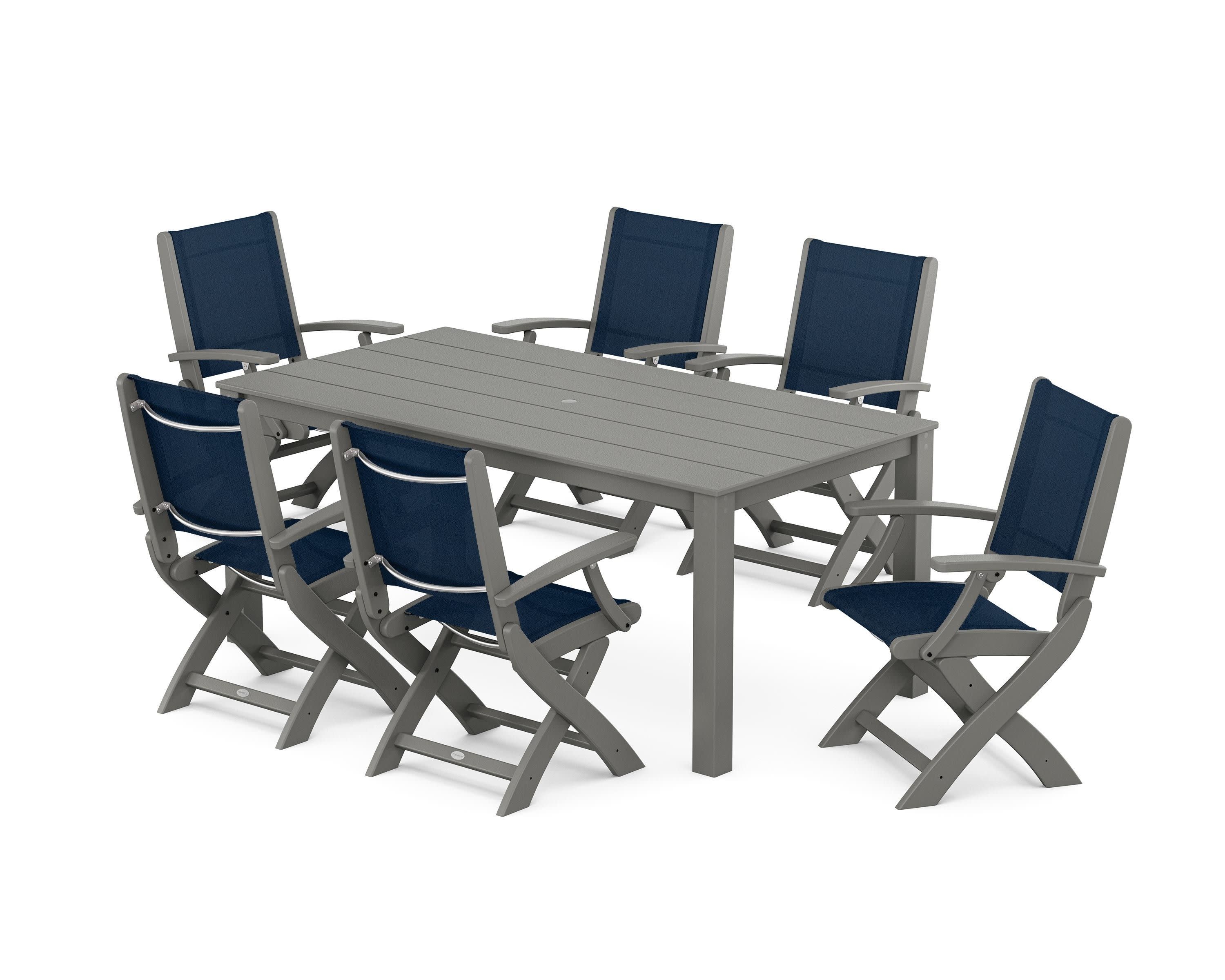Coastal Folding Chair 7-Piece Parsons Dining Set in Slate Grey / Navy Blue Sling
