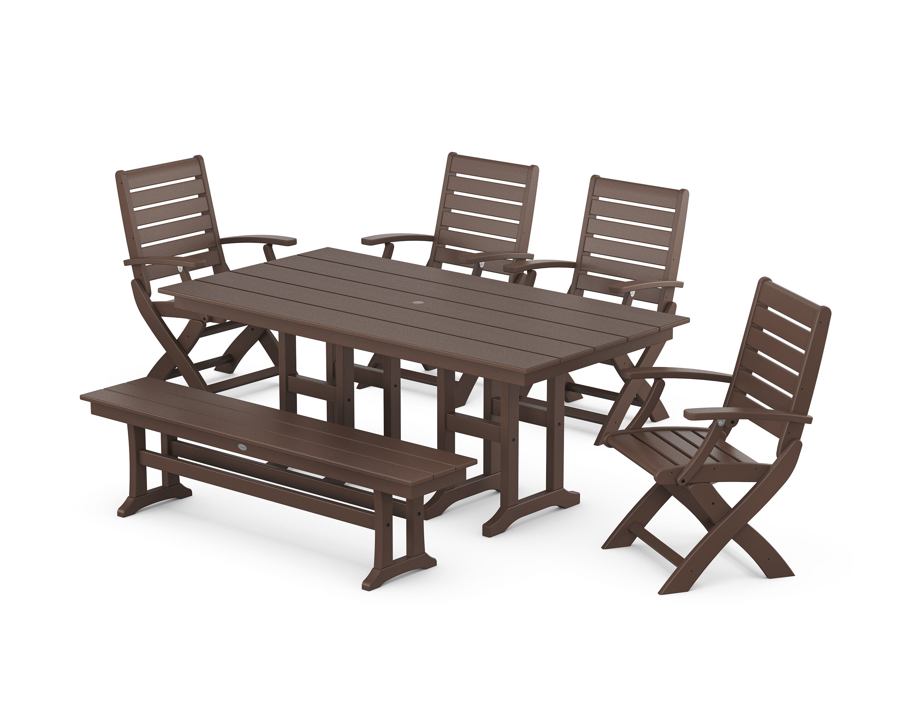 Signature Folding Chair 6-Piece Farmhouse Dining Set with Bench in Mahogany