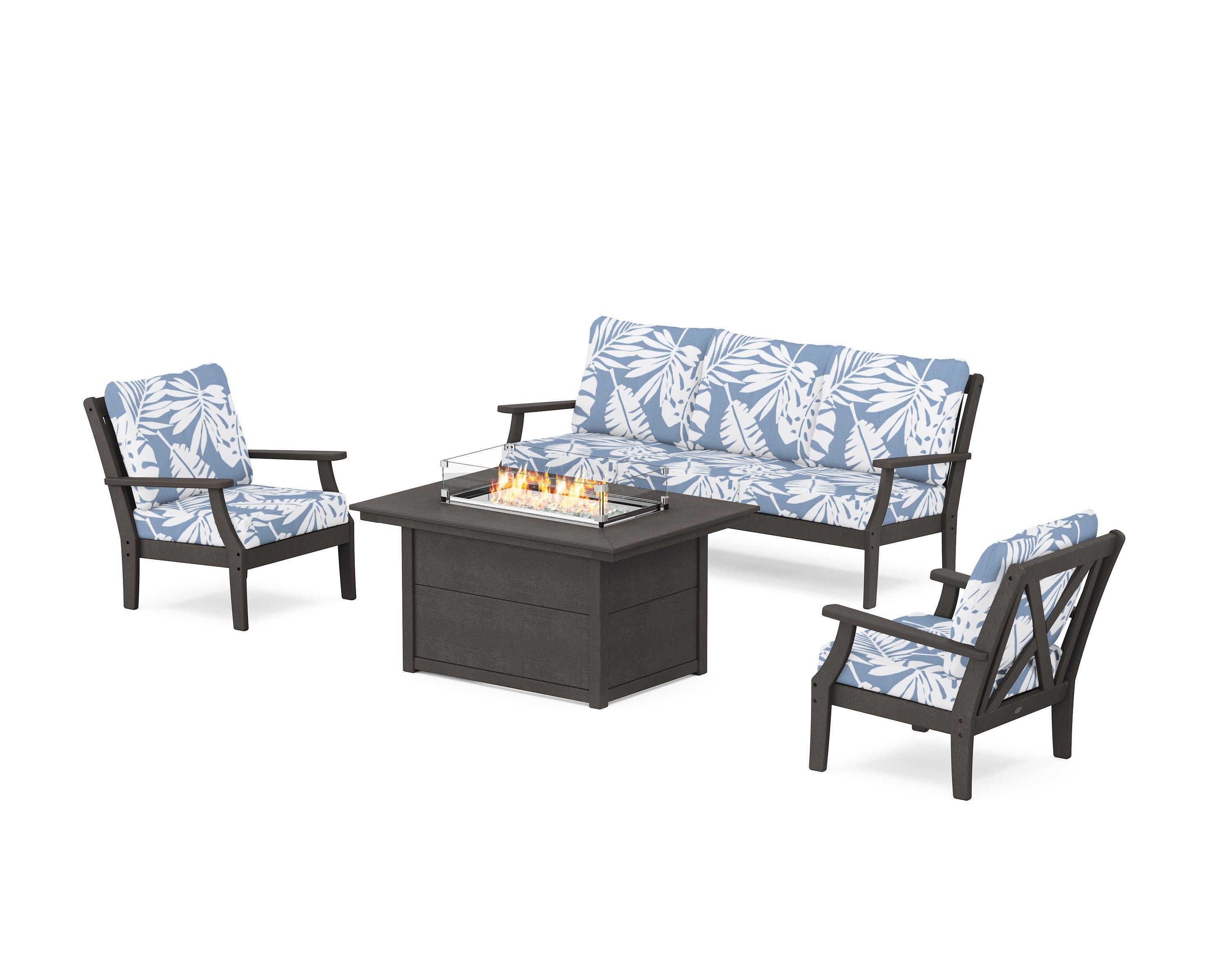 Braxton Deep Seating Fire Pit Table Set in Vintage Coffee / Leaf Sky Blue