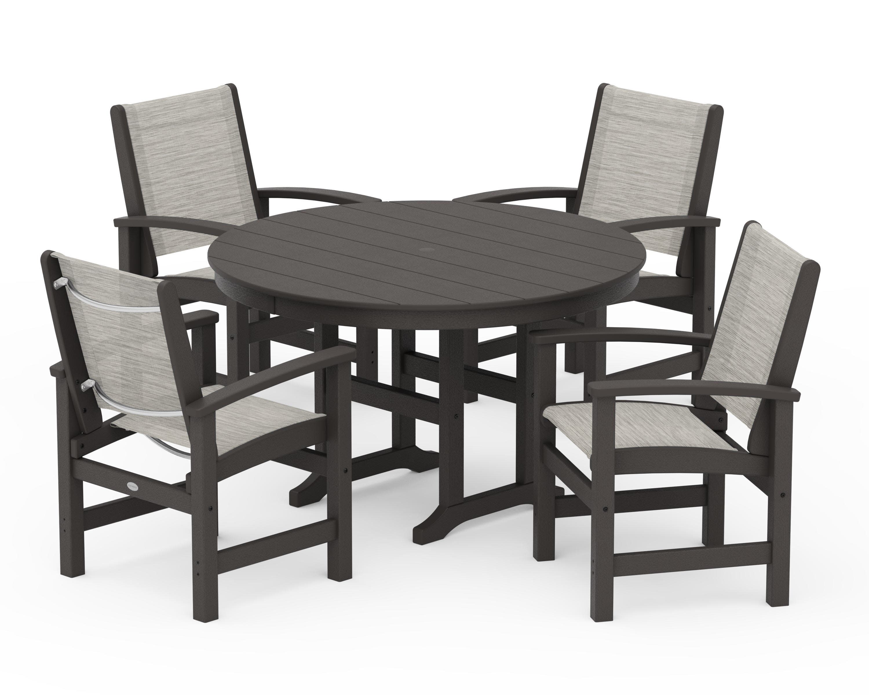 Coastal 5-Piece Round Farmhouse Dining Set in Vintage Coffee / Birch Sling
