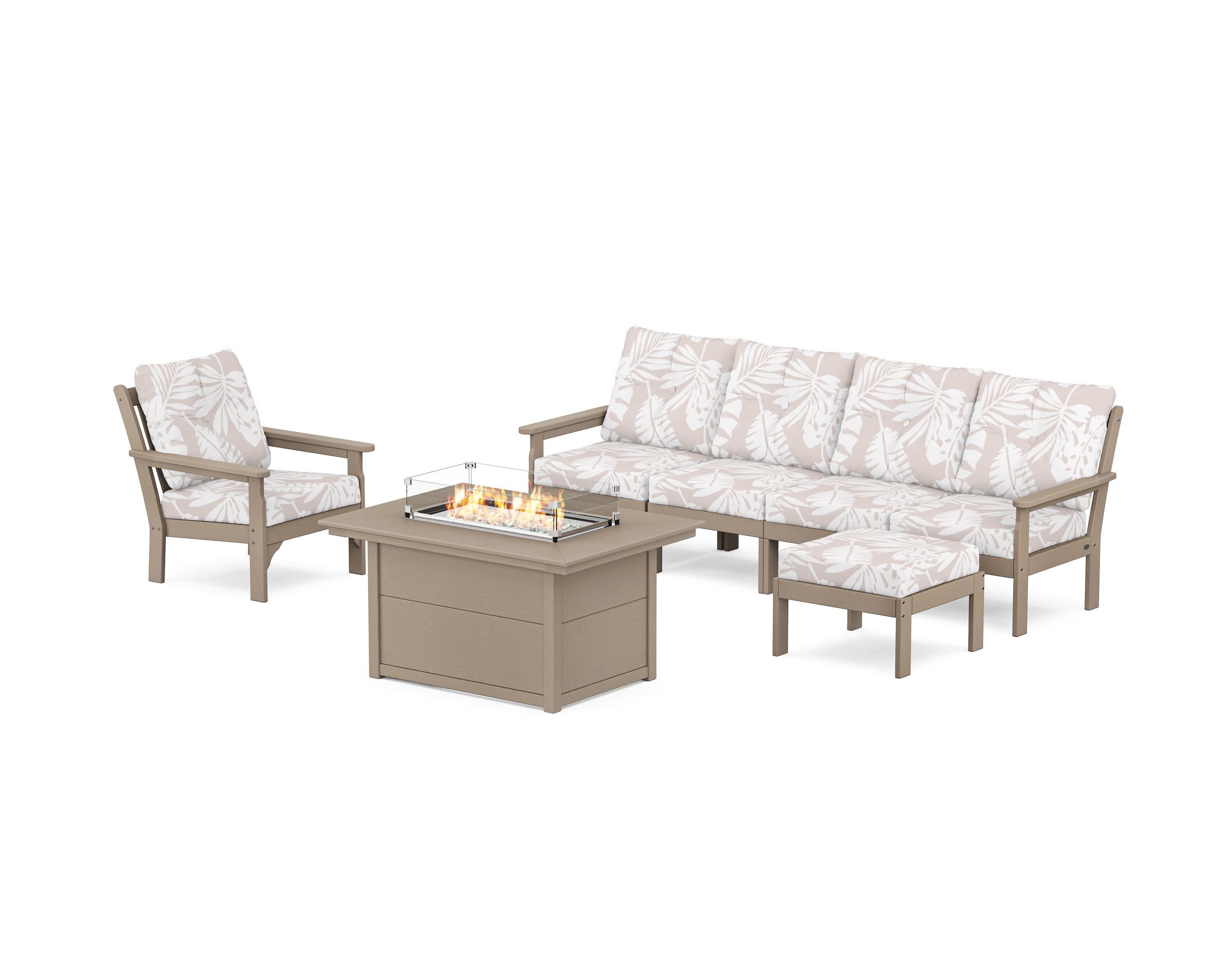 Vineyard Sectional Lounge and Fire Pit Set in Vintage Sahara / Leaf Dune Burlap