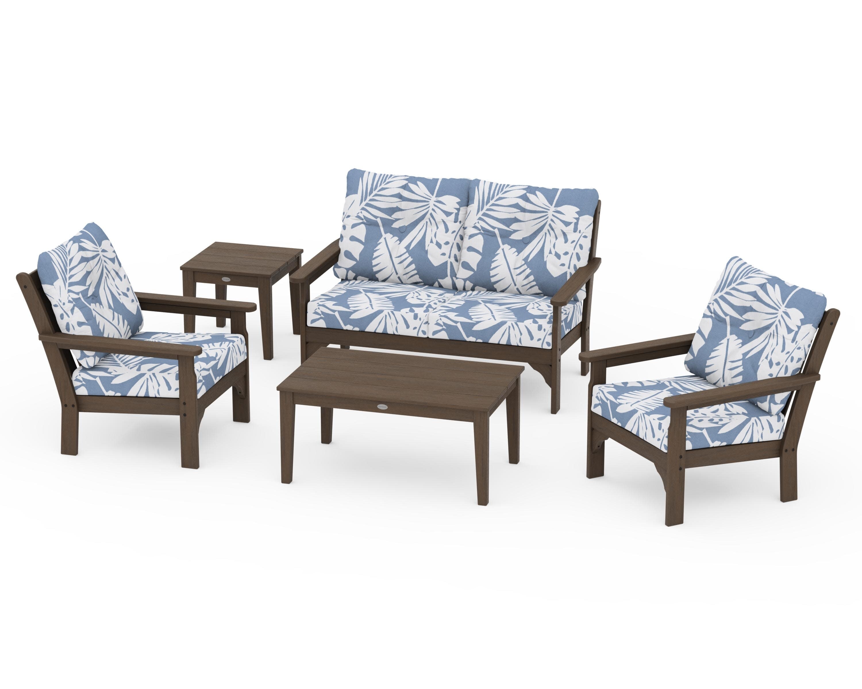 Vineyard 5-Piece Deep Seating Set in Kona / Leaf Sky Blue