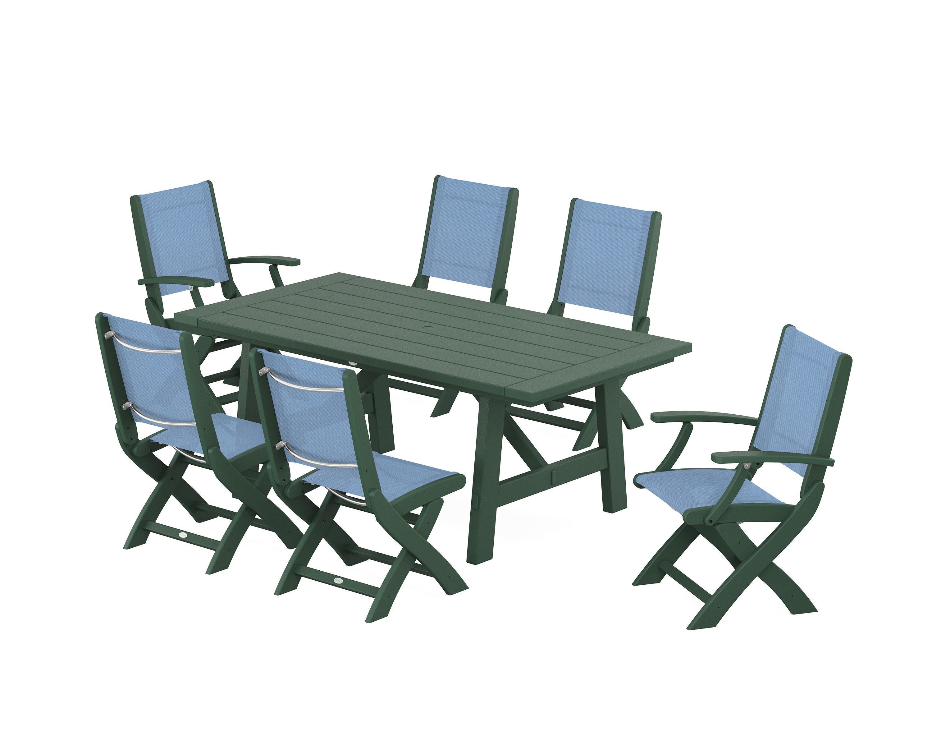 Coastal Folding Chair 7-Piece Rustic Farmhouse Dining Set in Green / Poolside Sling