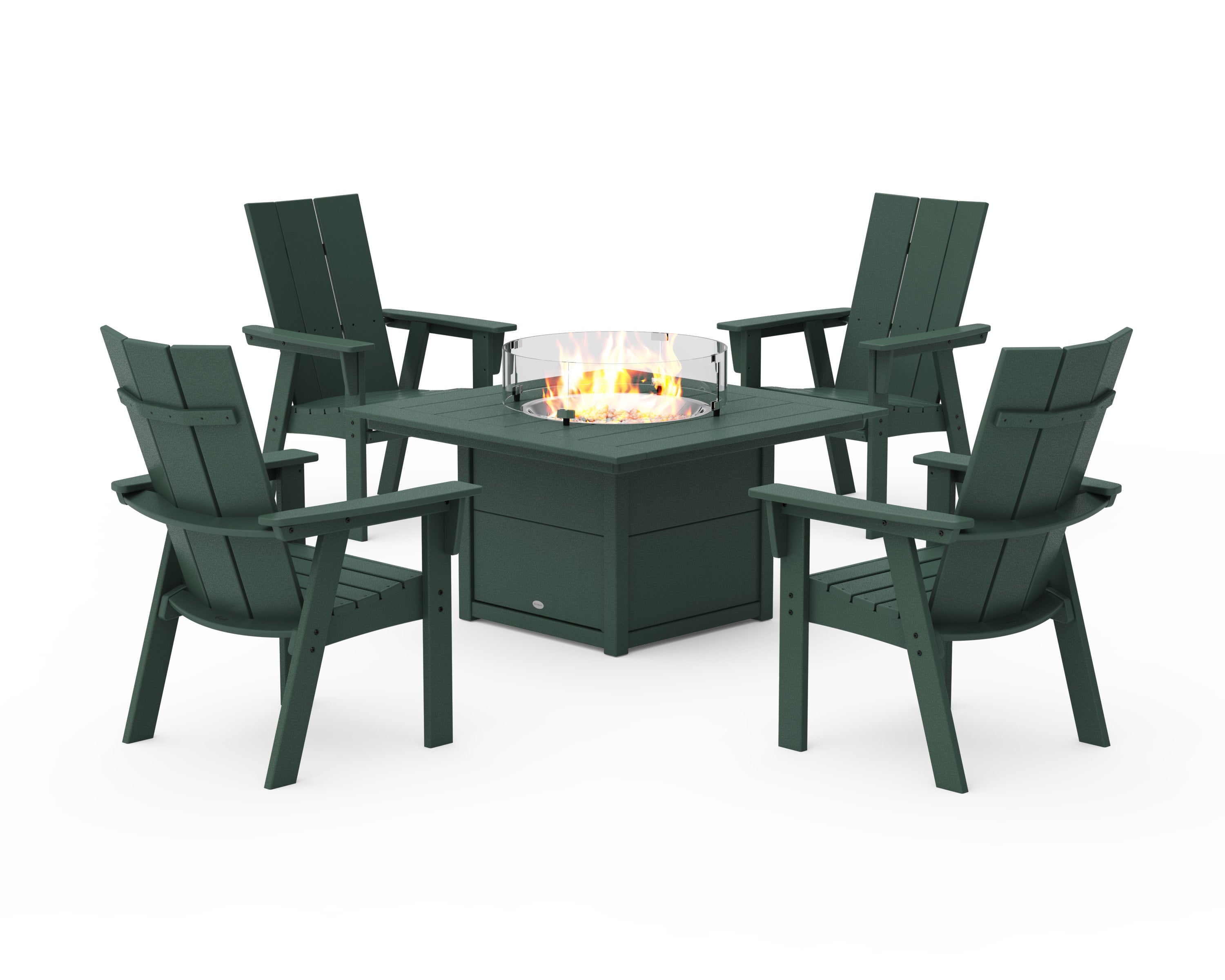 Modern 4-Piece Curveback Upright Adirondack Conversation Set with Fire Pit Table in Green