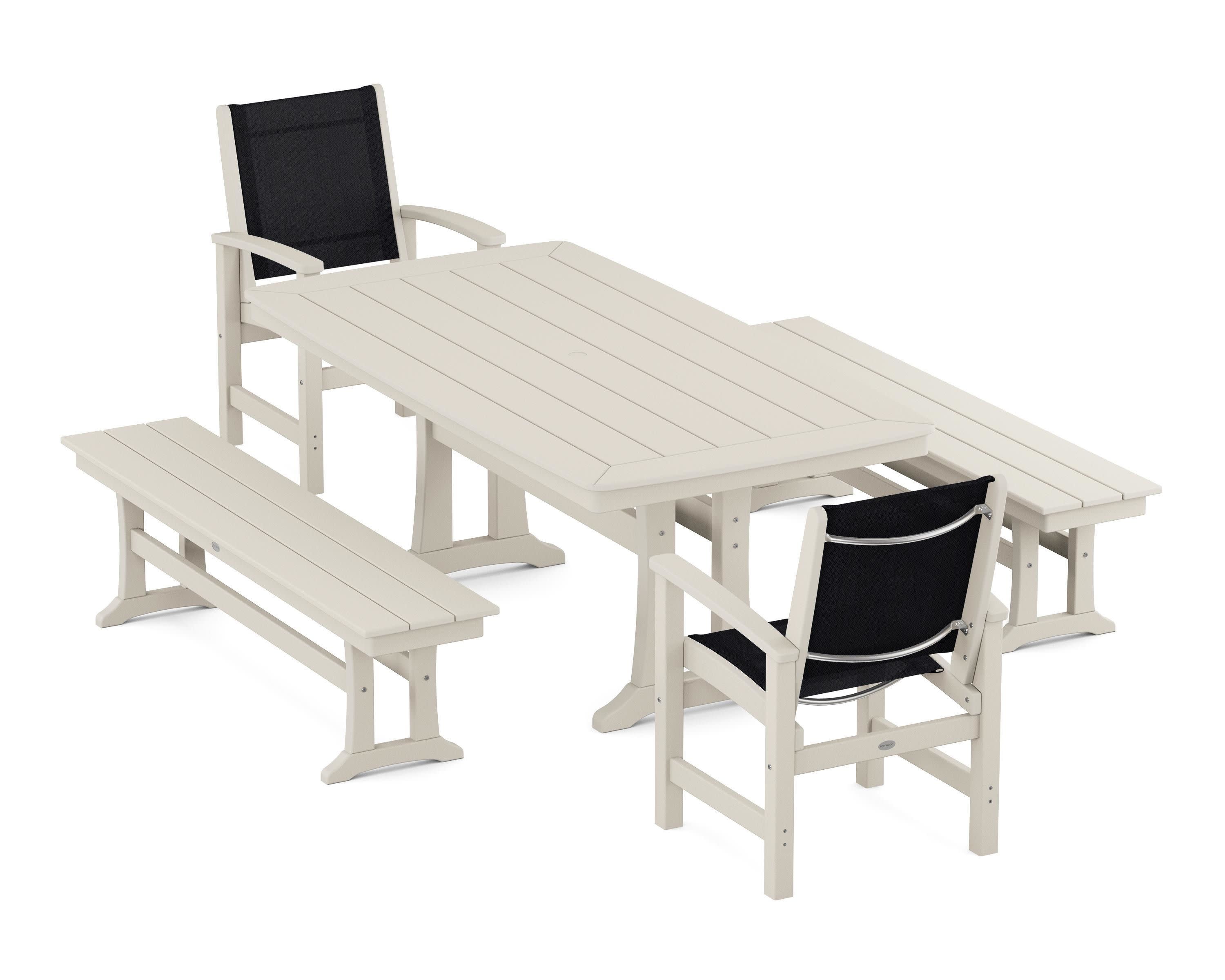 Coastal 5-Piece Dining Set with Trestle Legs and Benches in Sand / Black Sling