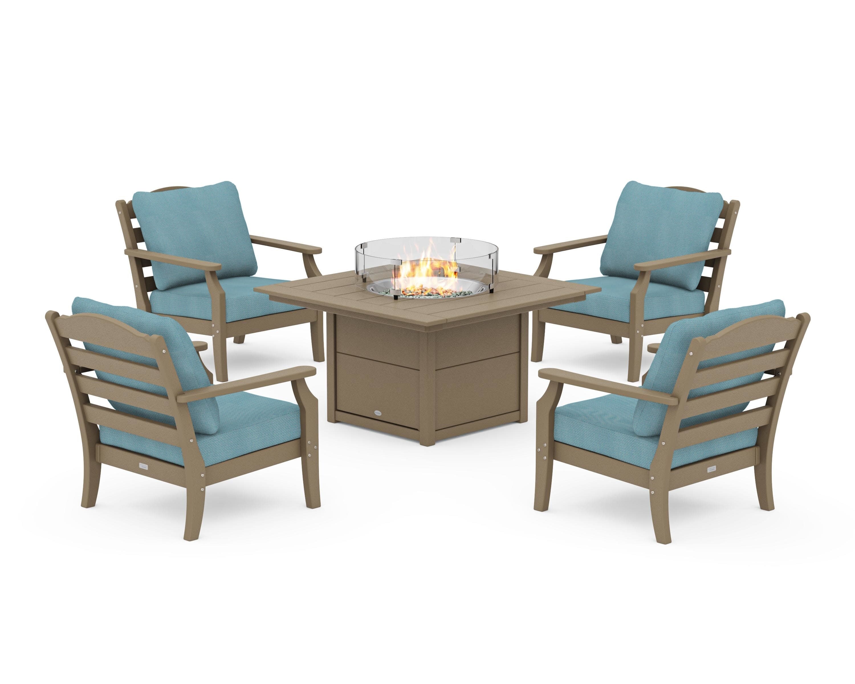 Savannah 5-Piece Deep Seating Set with Fire Pit Table in Vintage Sahara / Lattice Sky Blue